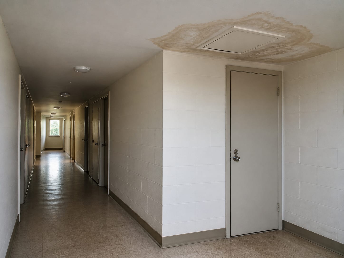 An interior common corridor in a garden apartment building with a stained ceiling patch near a pipe chase access panel and a closed utility door beside it
