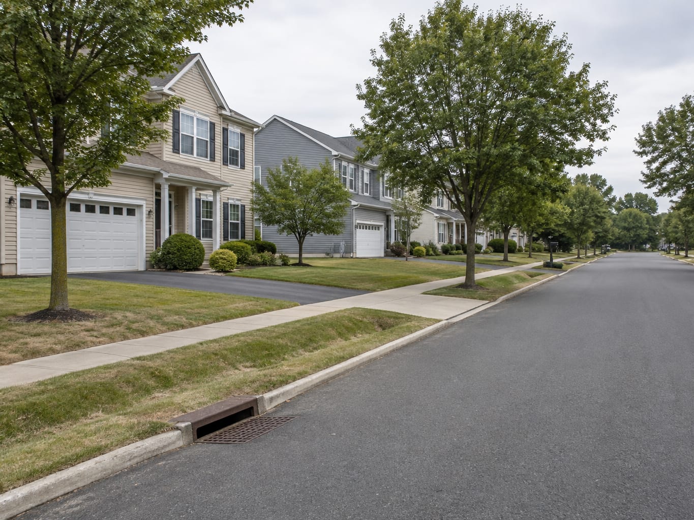 Level residential street in Robbinsville, New Jersey with vinyl colonials on wide lawns, a shallow grass swale, a curb storm inlet and a tree line behind