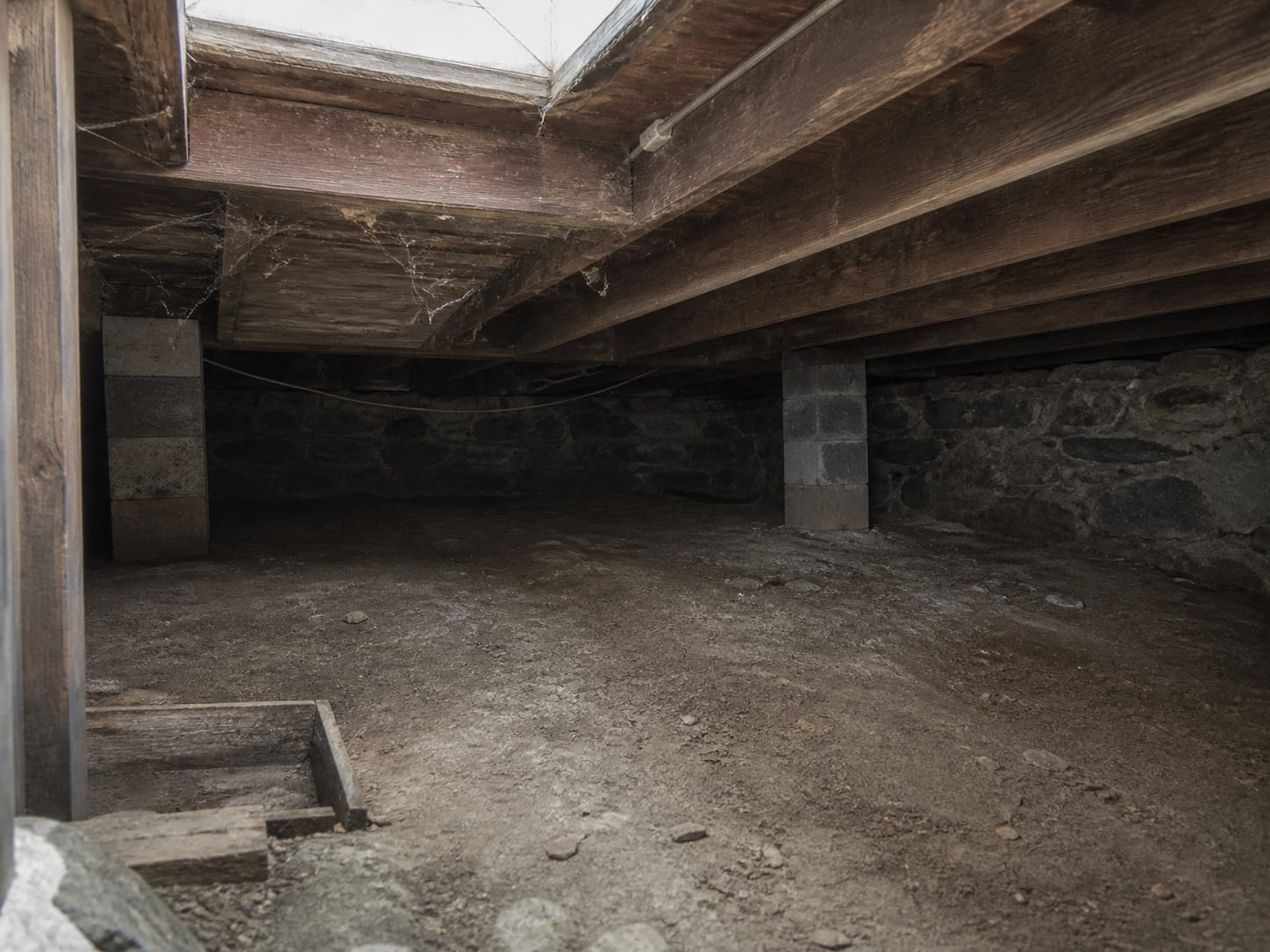 An open crawl space hatch in an older West Windsor, New Jersey house showing solid sawn floor joists, a bare earth floor and daylight falling in from the opening