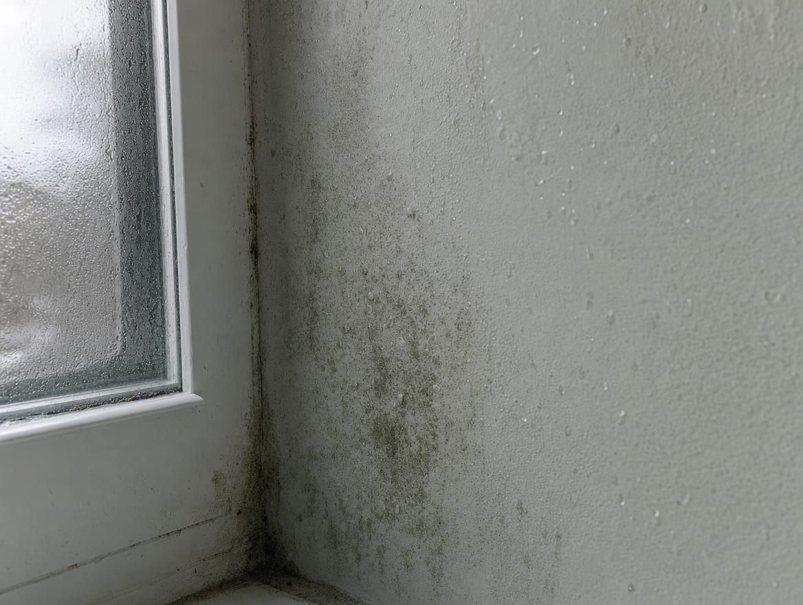 Condensation and mold forming on the cool interior surface of an exterior wall in a closed Deal shore home