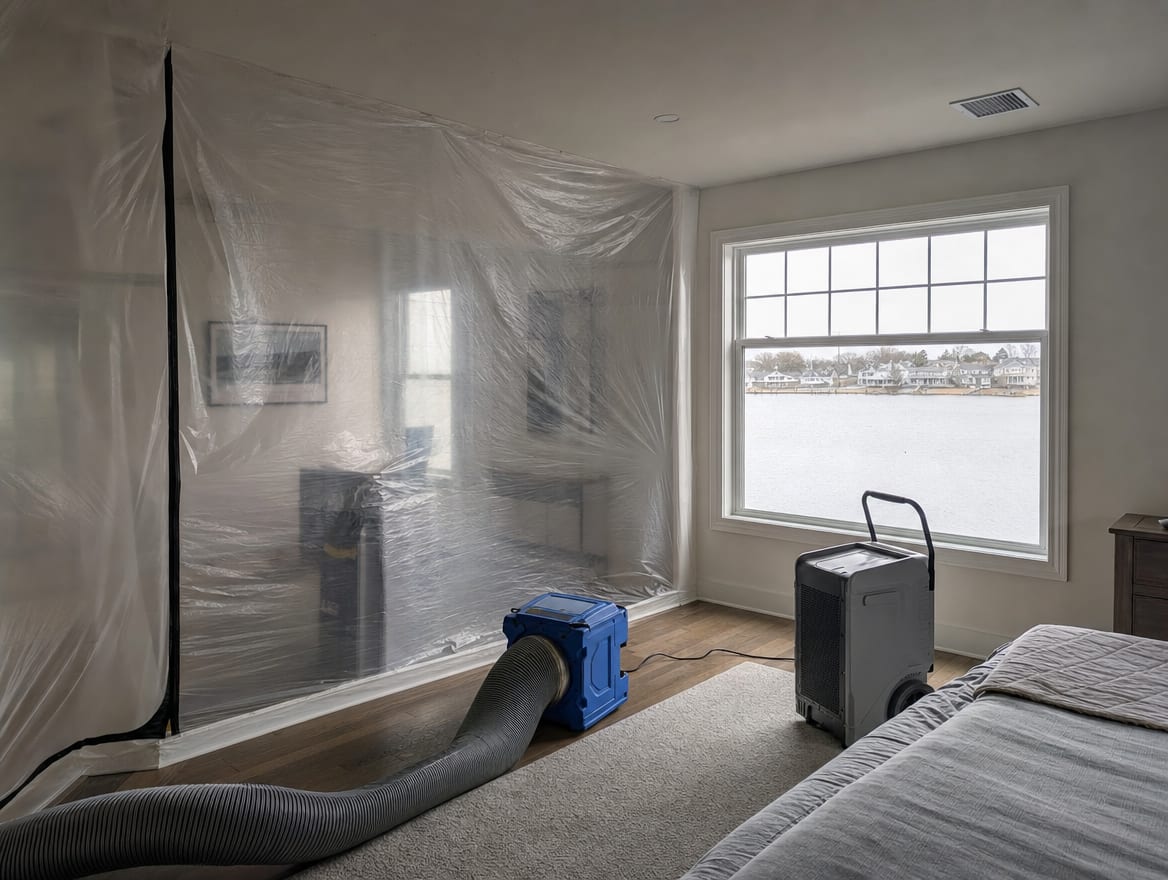 A HEPA air scrubber, containment sheeting, and a dehumidifier set up for mold remediation in a Deal coastal home