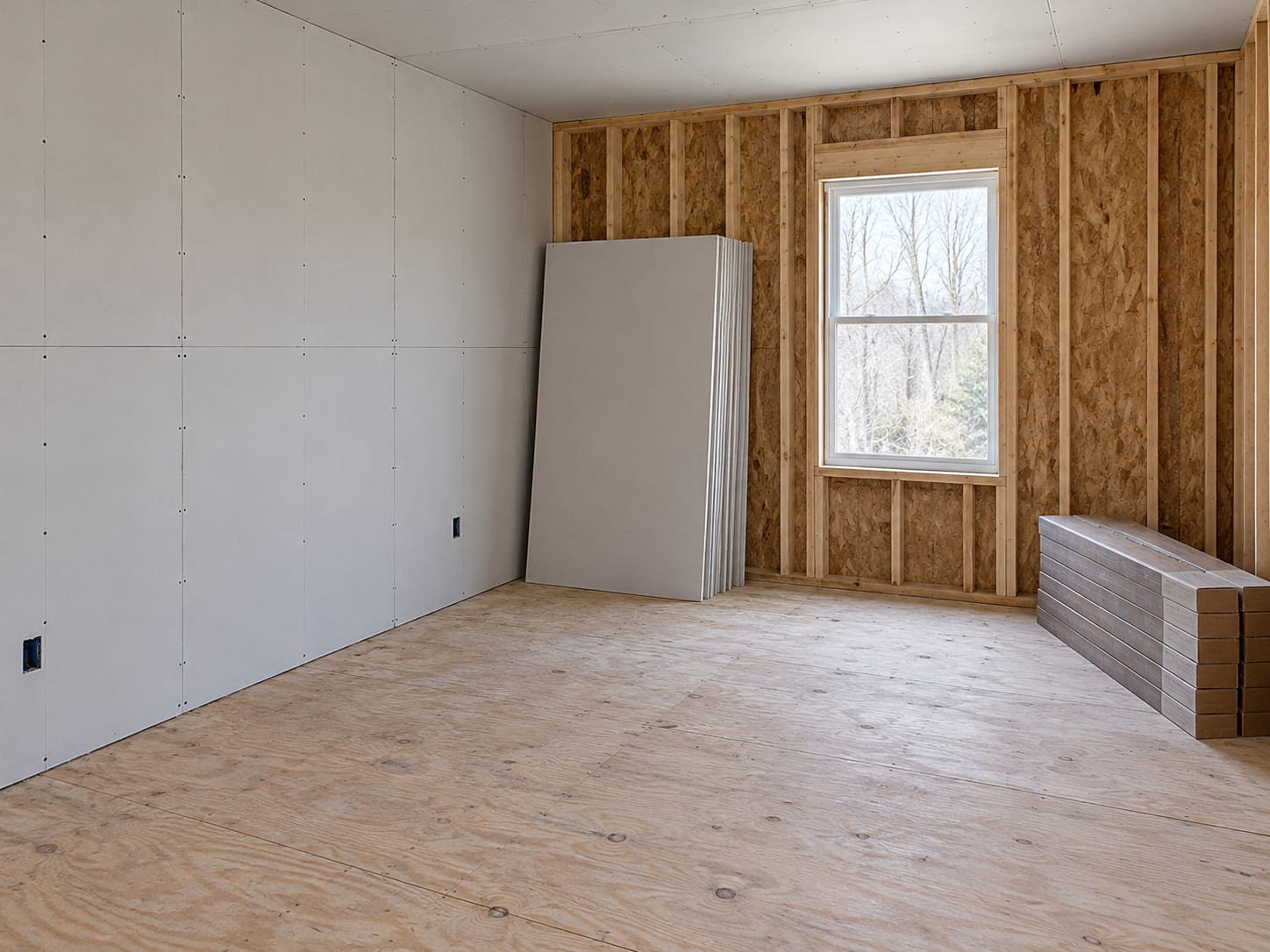A New Jersey room mid-rebuild with new white drywall sheets hung on one wall and clean bare studs on the next, over a plain plywood subfloor