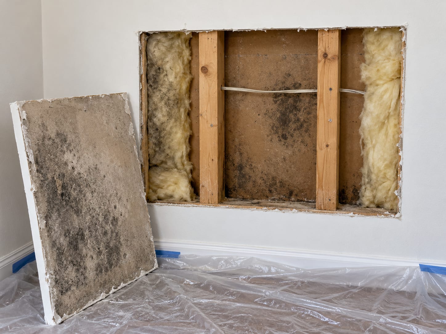 A rectangular section of drywall cut out of a New Jersey room wall, showing the darkened back of the removed panel and bare studs, on a floor covered with plastic sheeting