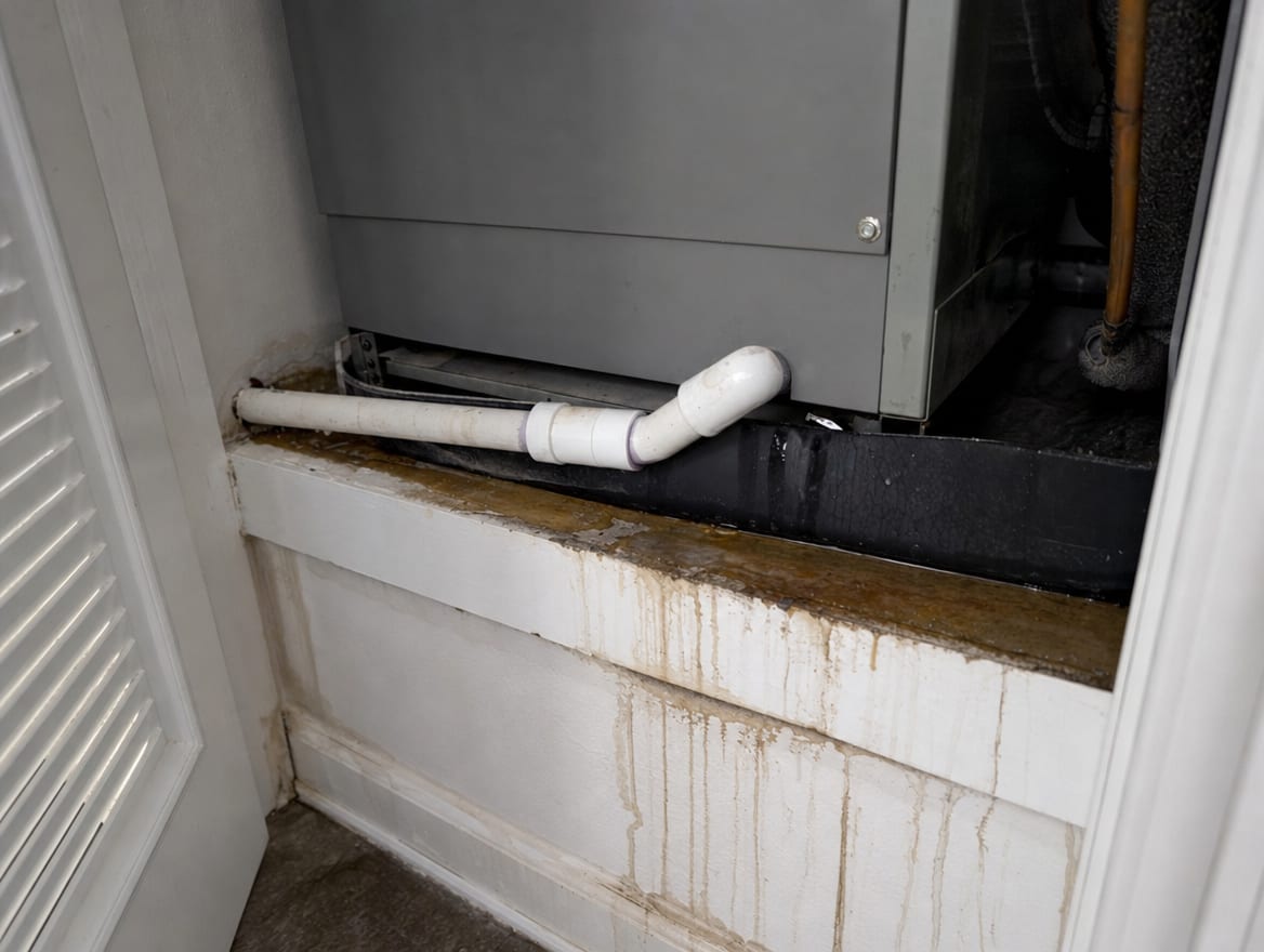 A suburban HVAC air handler with a condensate leak and staining beneath it, a hidden upstairs moisture source