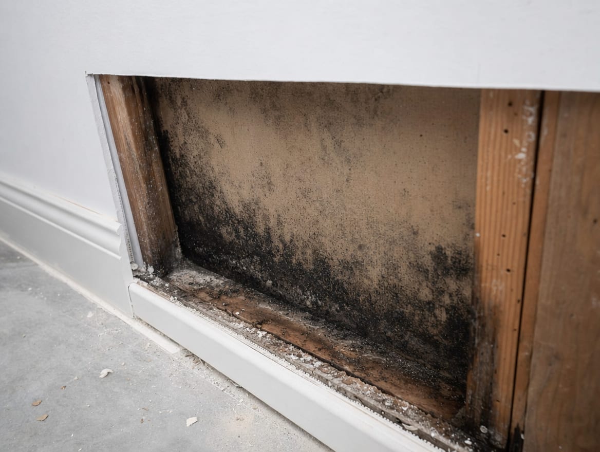 Dark mold on the back of removed lower drywall and behind the baseboard in a modern finished basement