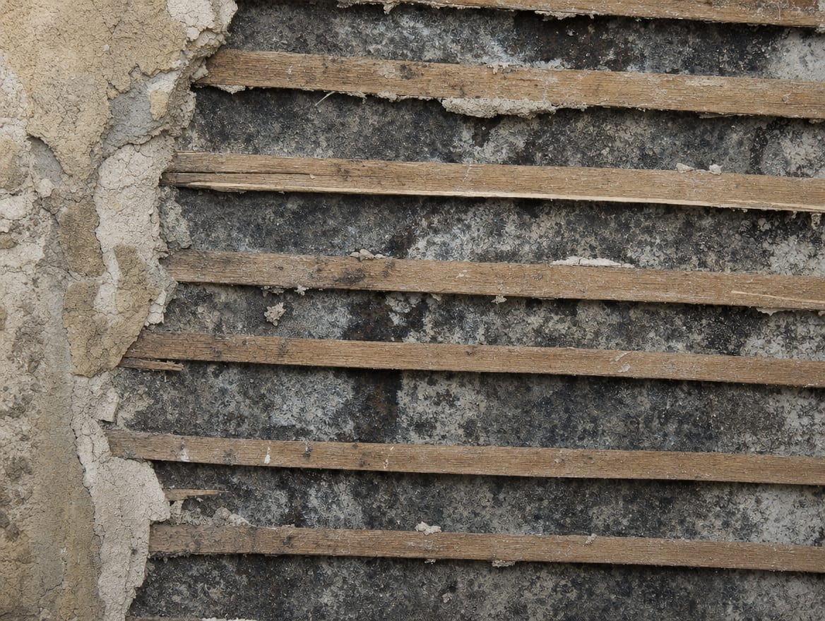 Dark mold on the back of a removed section of historic plaster and wood lath, a contaminated porous material that must come out