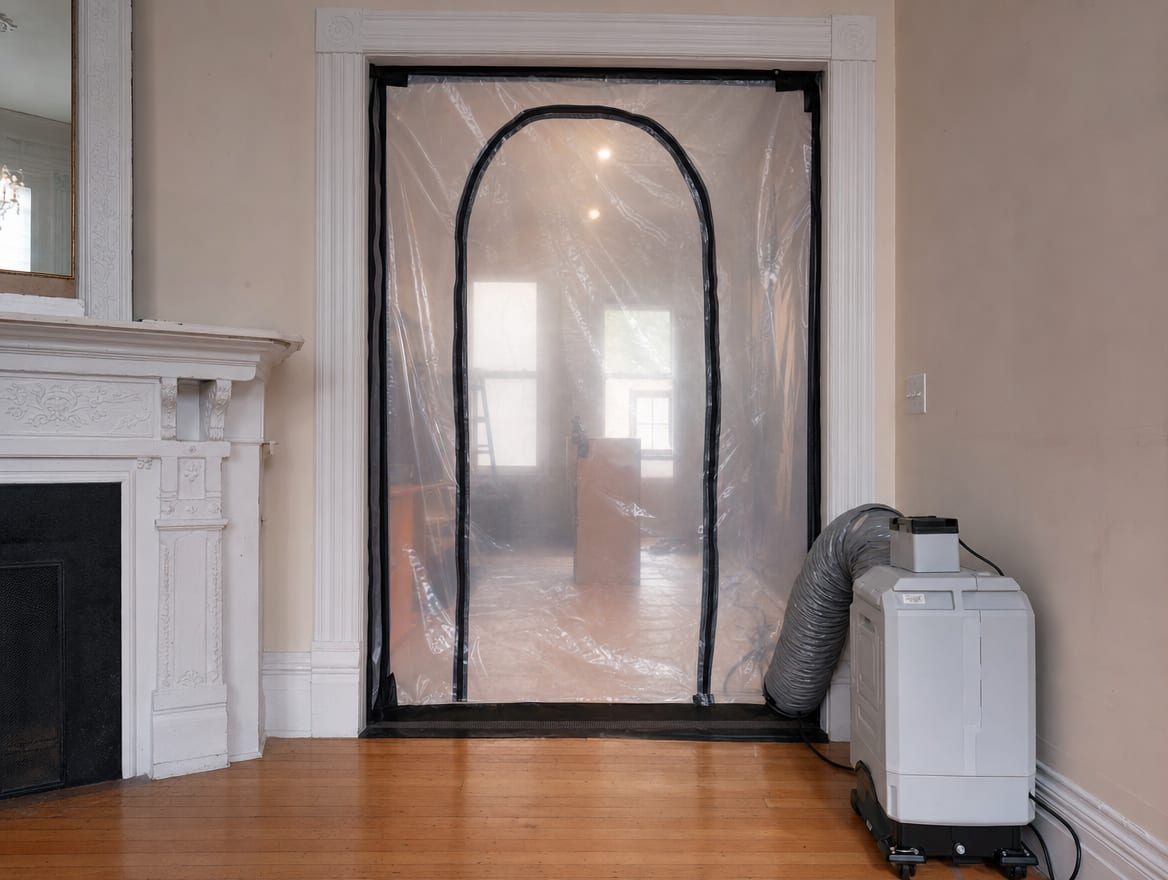 A HEPA air scrubber and a zippered polyethylene containment barrier set up for mold remediation in a historic room