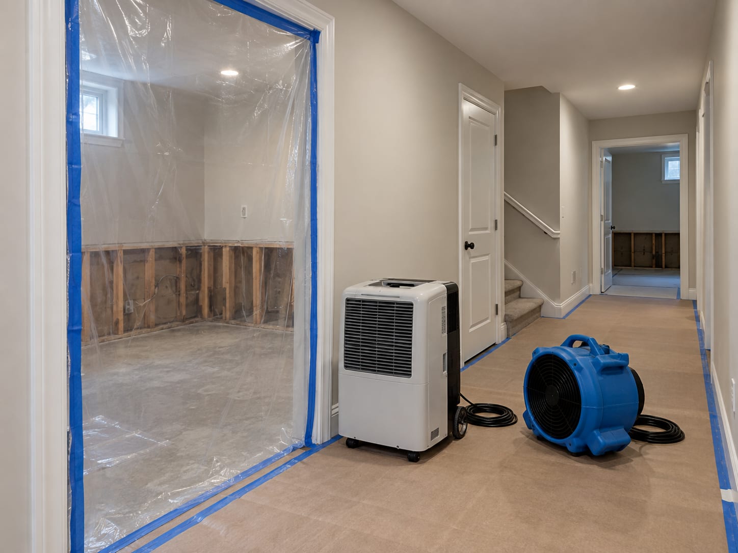 Lower level hallway in a Robbinsville, New Jersey house with a taped clear plastic barrier over a doorway and a dehumidifier and air mover standing on a floor covering