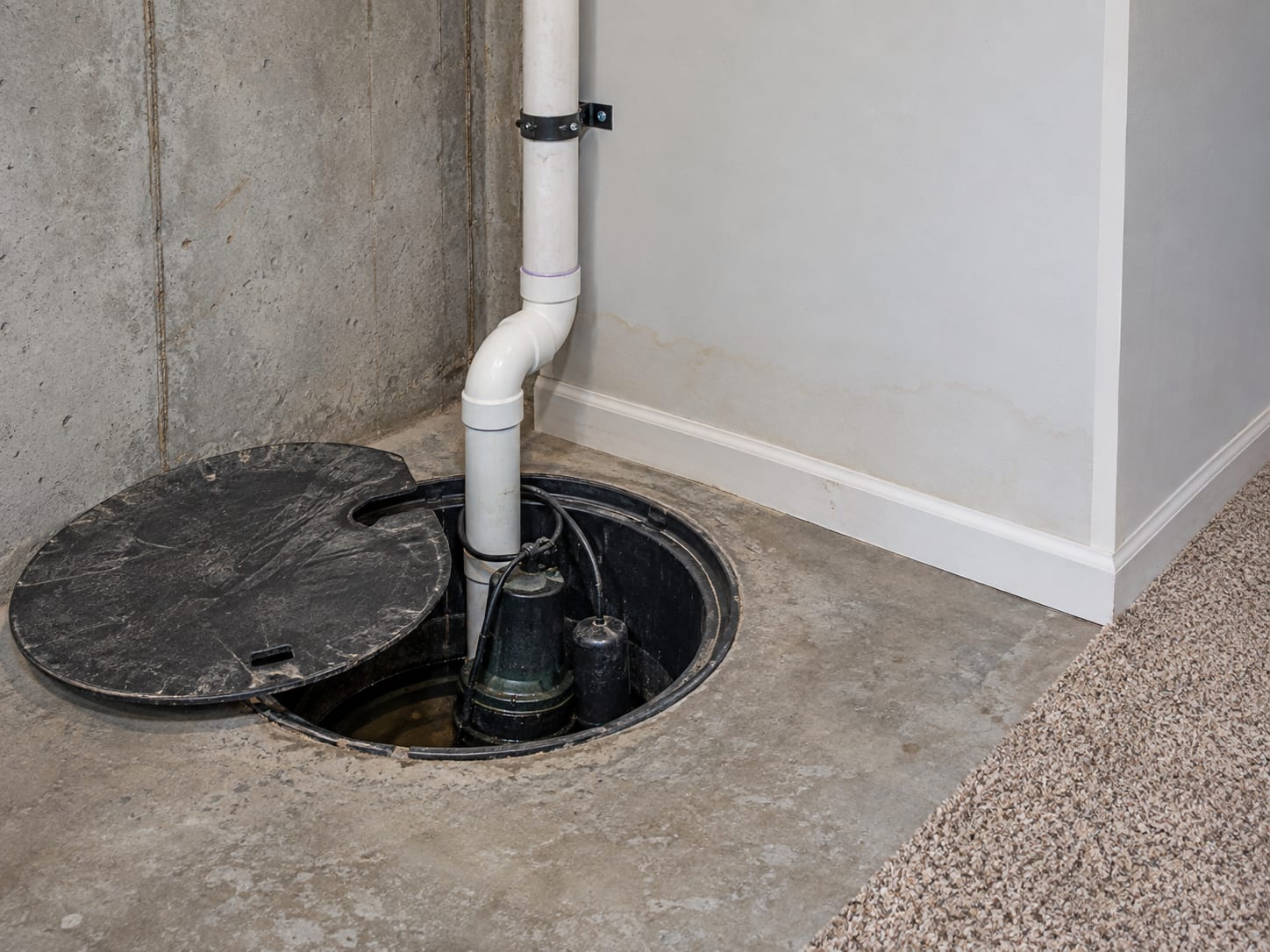 Poured concrete basement floor in a Robbinsville, New Jersey house with a round sump pit and lid beside a finished drywall wall and carpet edge