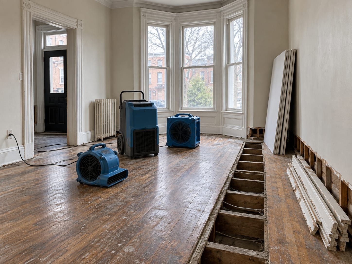 Ground-floor room in a Trenton, New Jersey rowhouse with several floorboards lifted, baseboard removed and two drying machines standing on the floor