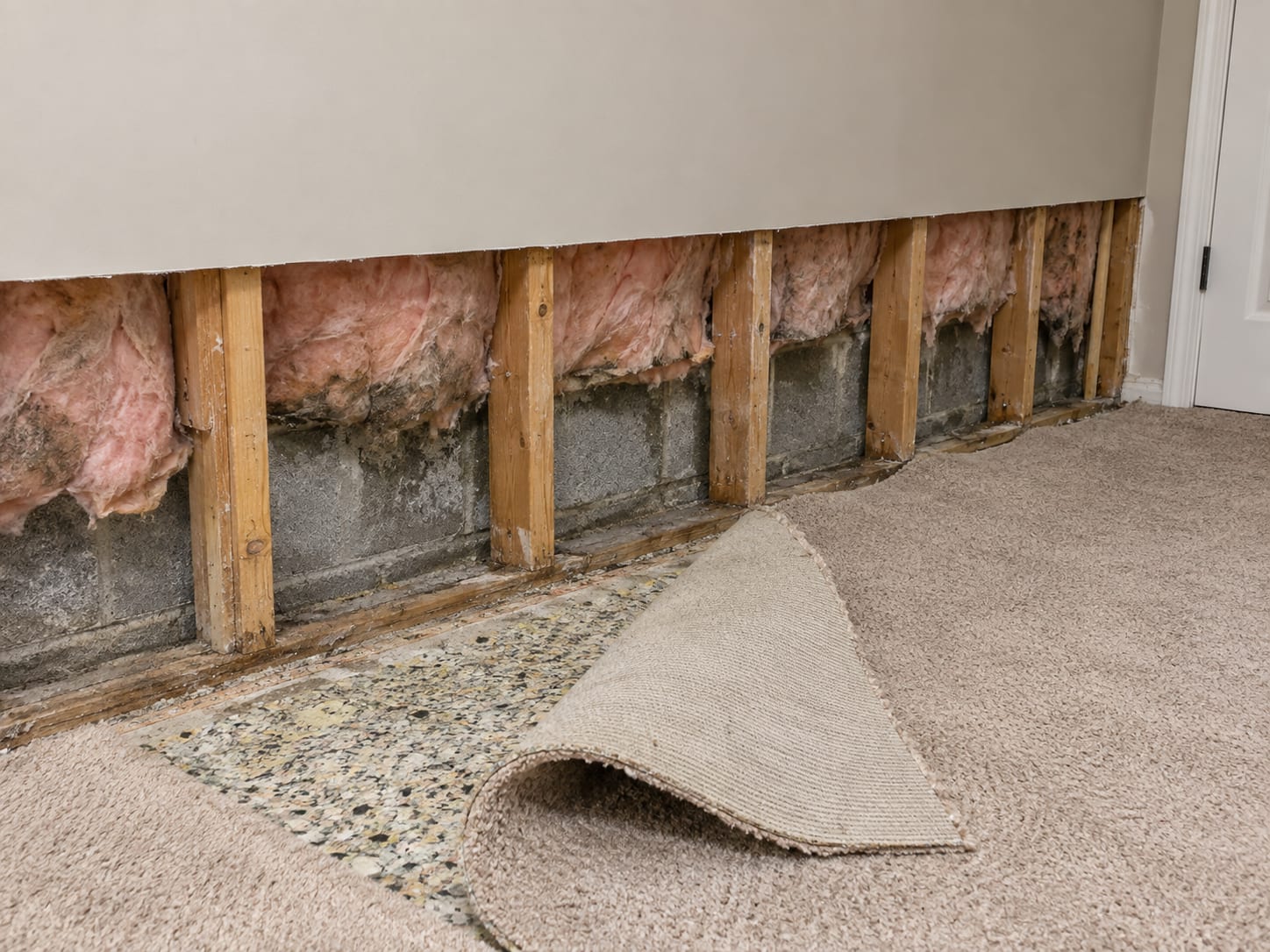 Finished basement wall in a Bridgewater, New Jersey home opened at the bottom, showing wet insulation, bare studs and a block foundation behind it