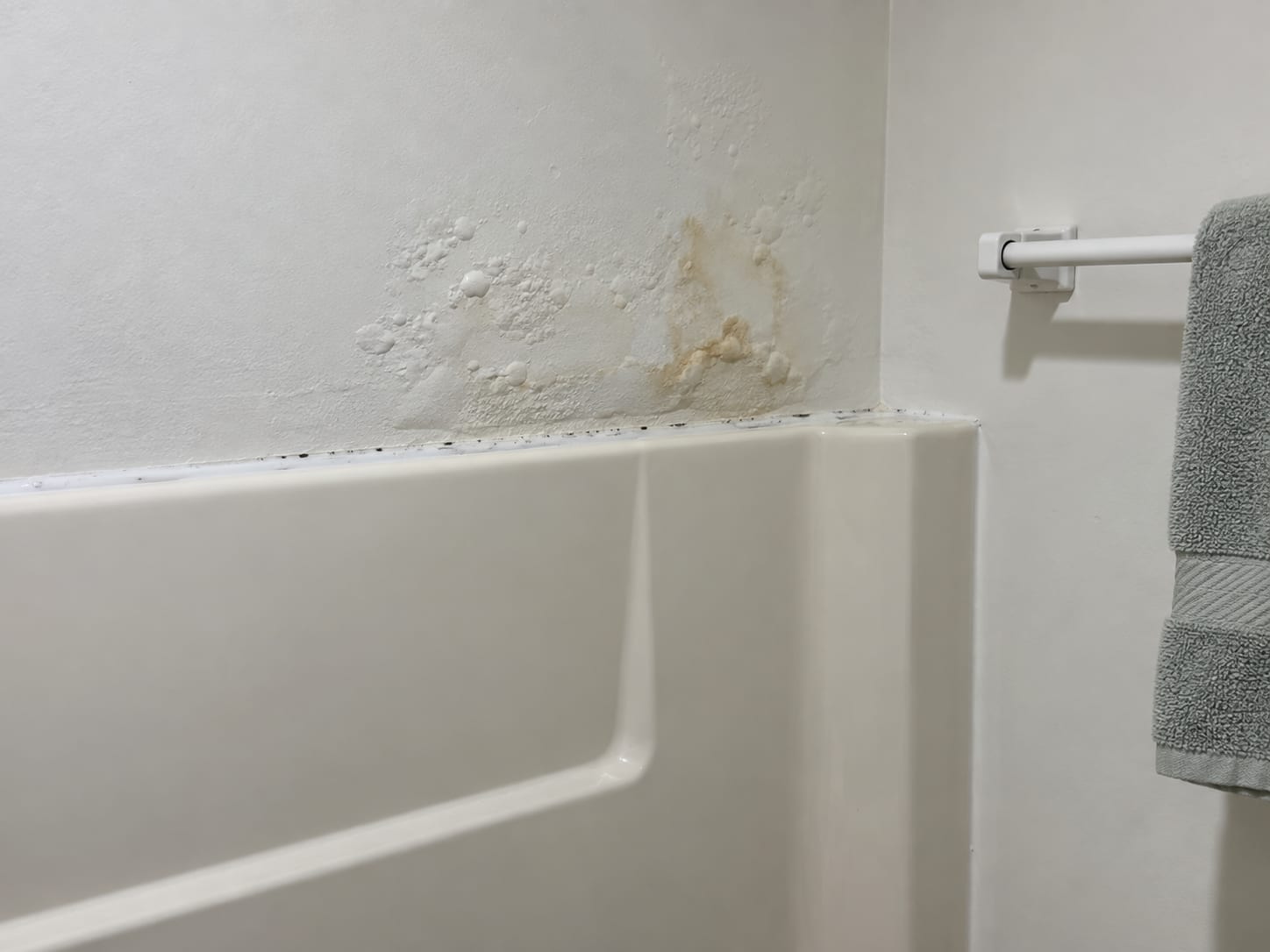 Bathroom wall in a Bridgewater, New Jersey home with fresh paint bubbling over a stain above a tub and dark growth in the caulk bead