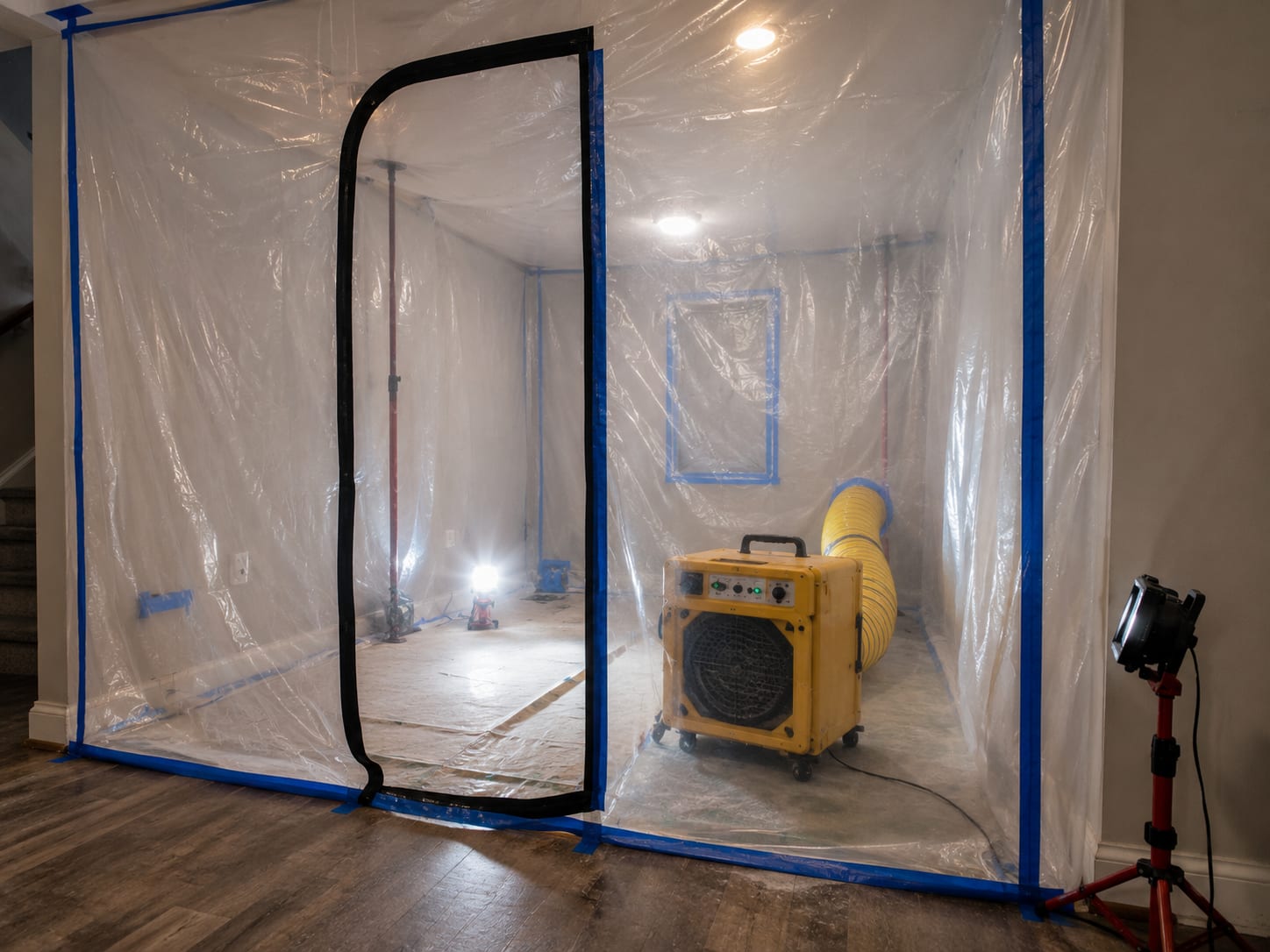 Containment sheeting and a HEPA negative-air scrubber set up in a home