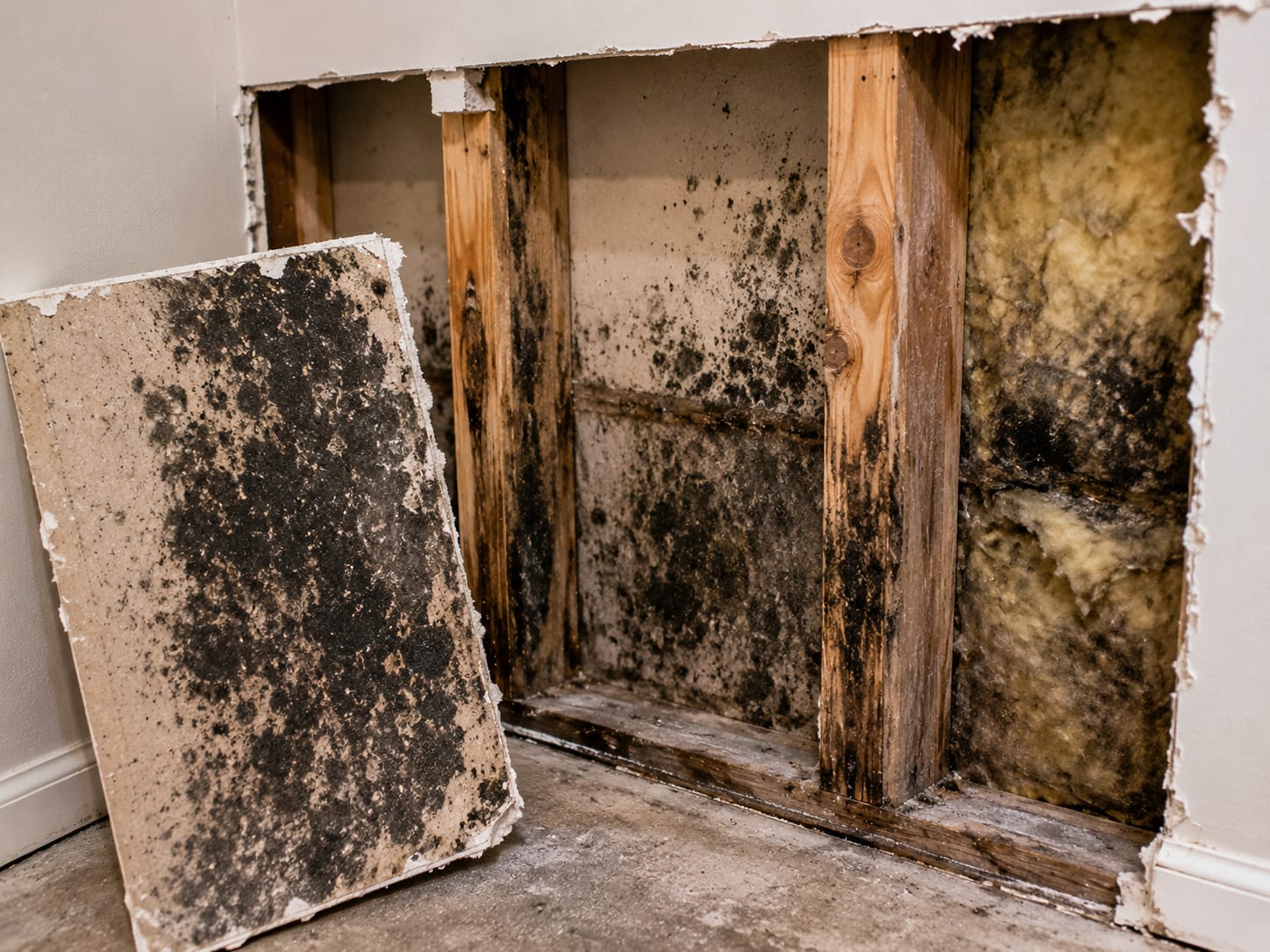 Mold revealed inside an opened wall cavity behind removed drywall