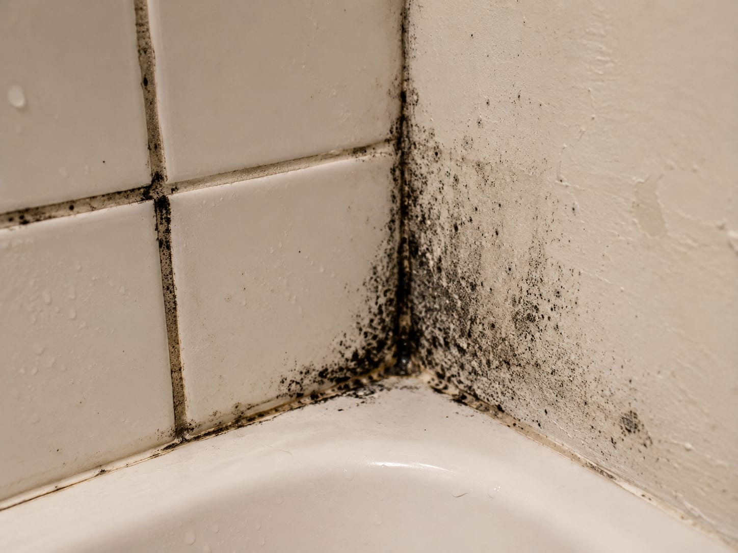 Small mold patch on bathroom tile grout and drywall