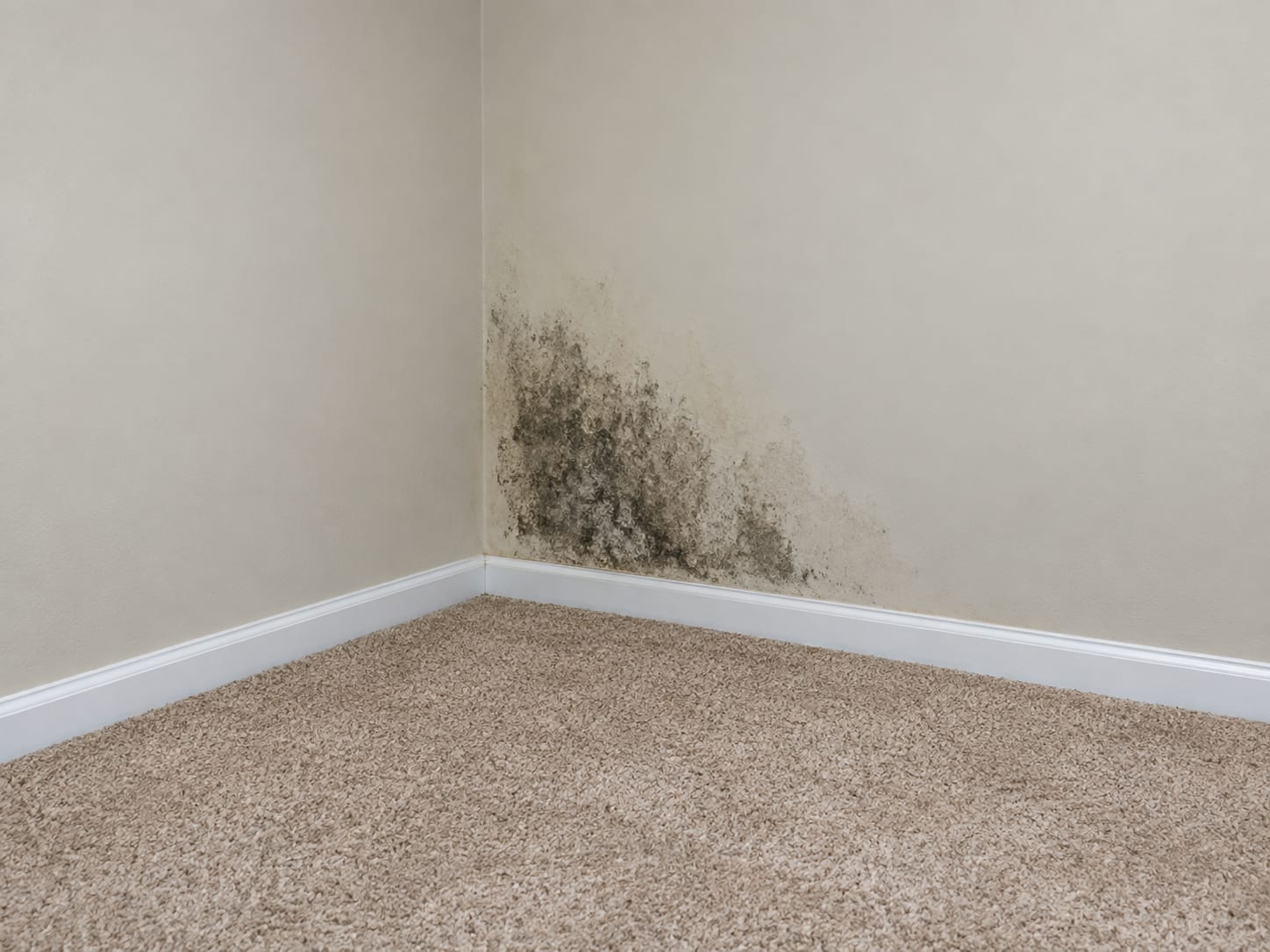 Finished lower level room in a Robbinsville, New Jersey house with a dark patch about three feet across on the lower painted drywall of a corner