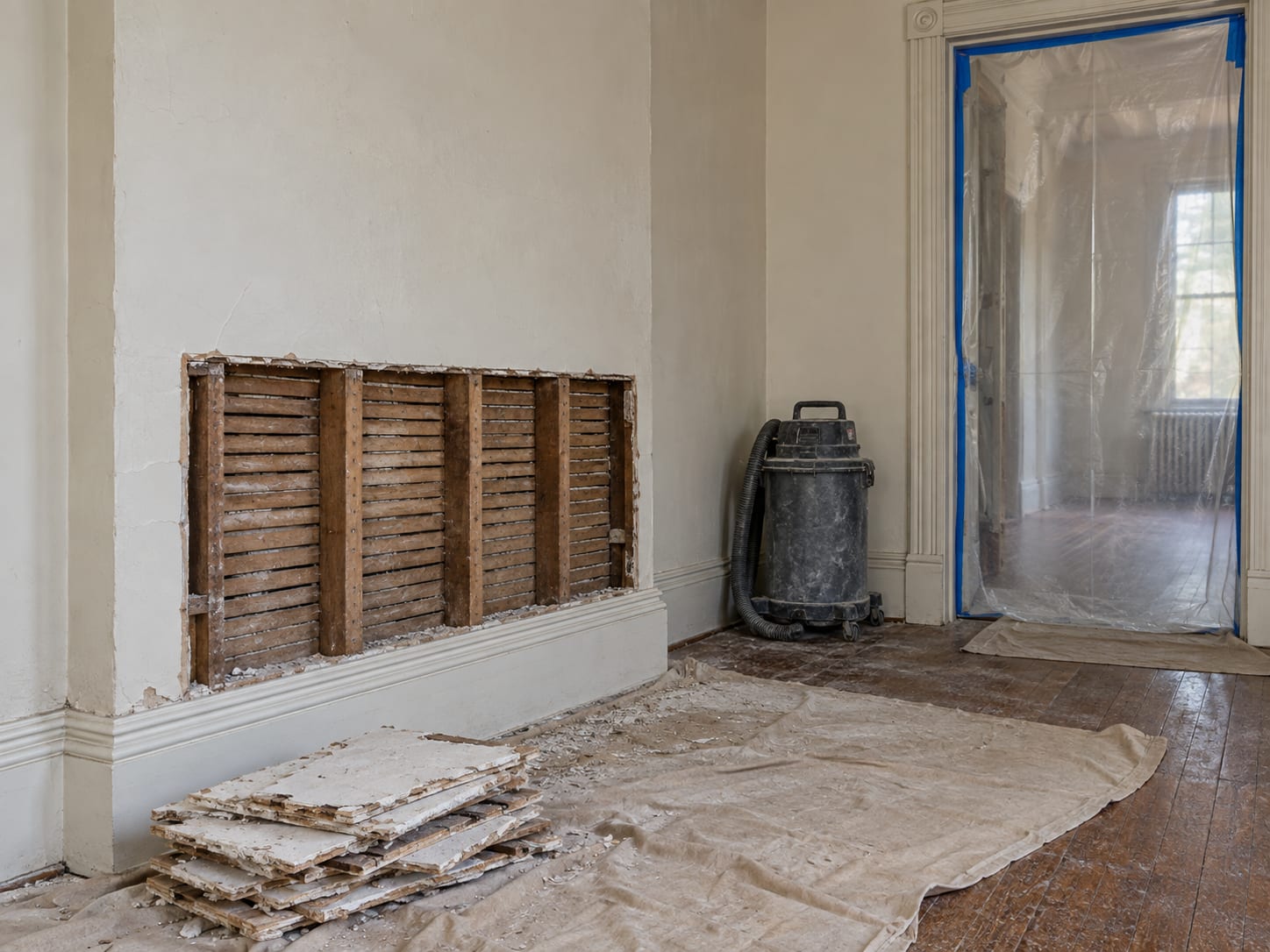 Older room in a Trenton, New Jersey rowhouse with a rectangle of plaster removed to show wood lath and studs, and a plastic barrier hanging across the doorway