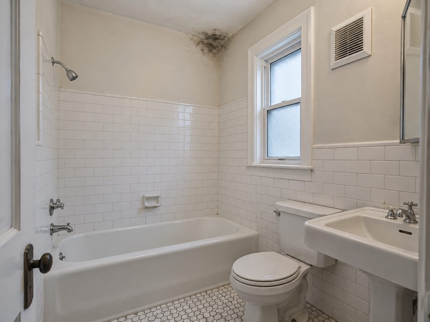 Small tiled bathroom in a Trenton, New Jersey rowhouse with a dark patch about the size of a dinner plate in the plaster ceiling corner above the tub