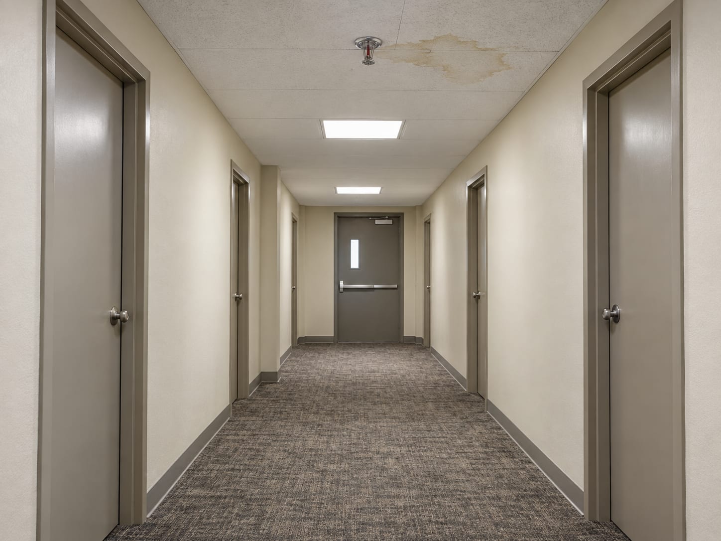 Interior common corridor of a multi-unit building in Bridgewater, New Jersey with closed unit doors and a water stain on the ceiling near a sprinkler head