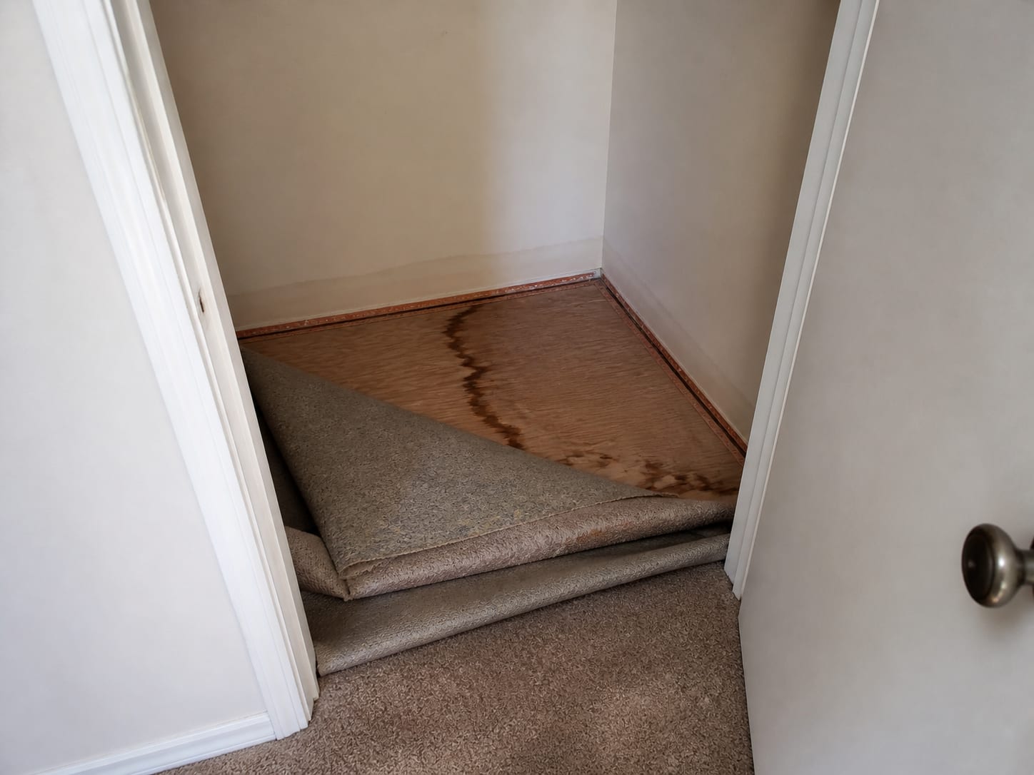 A wider view into a townhouse closet where the carpet and pad have been turned back at the corner, exposing a dried stain track on the subfloor along the exterior wall