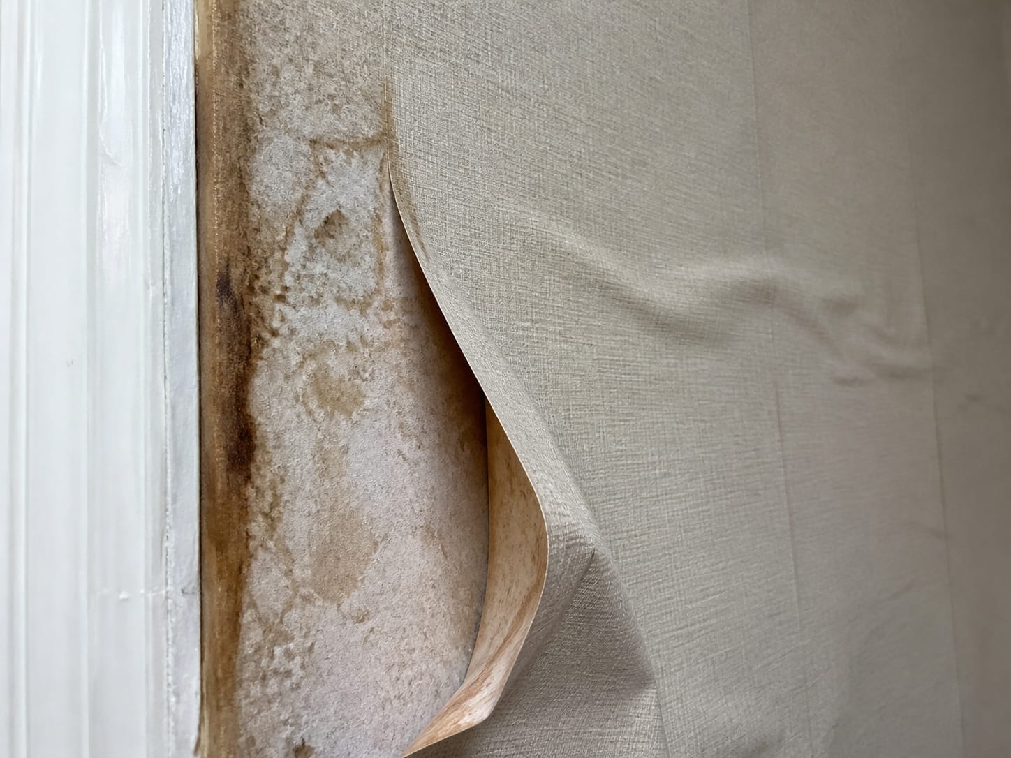 A close view of wallpaper curling away from a seam where the paste has darkened and the wall surface behind it is stained, the kind of concealed condition a walkthrough finds