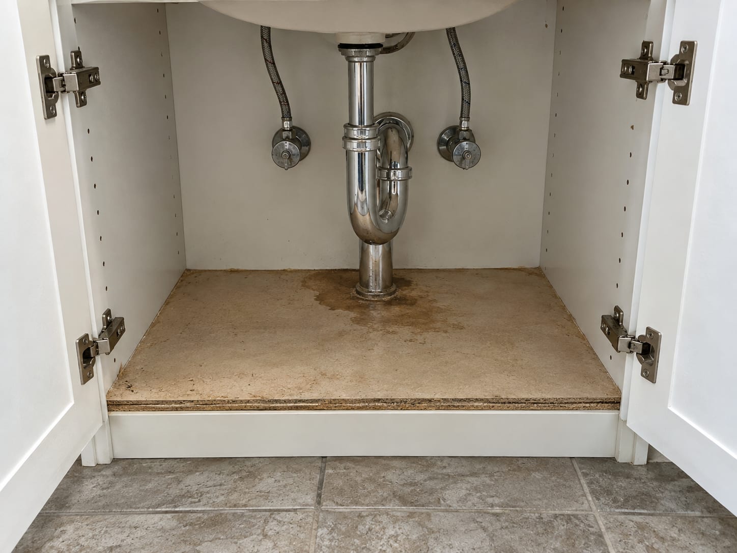 Bathroom vanity cabinet in a Robbinsville, New Jersey house standing open to show supply lines, a trap and a stained cabinet floor