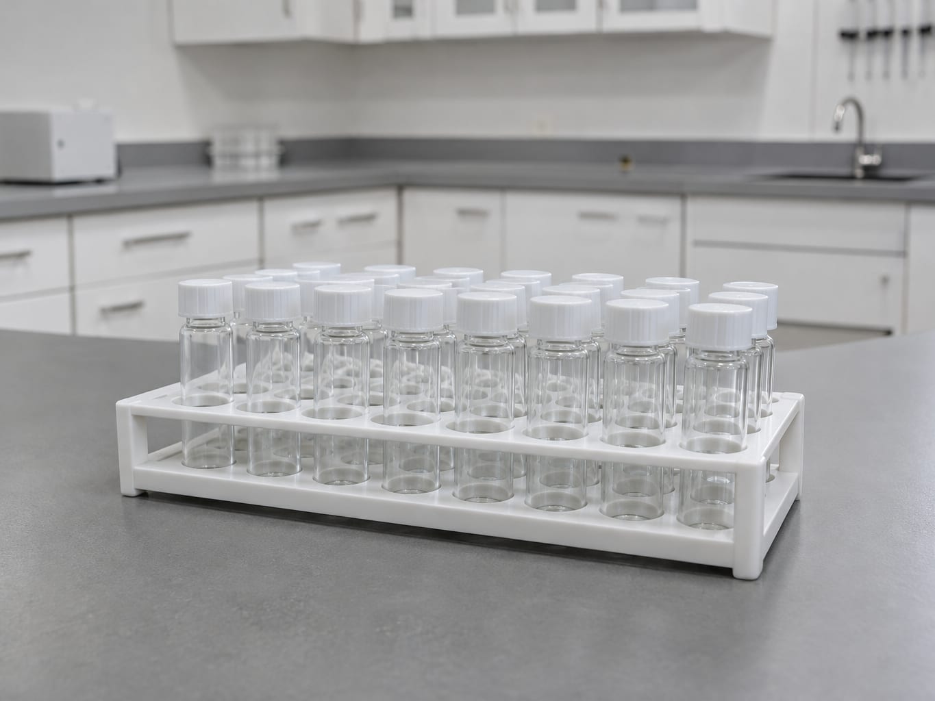Plain rack of capped empty glass sample vials on a clean laboratory bench, of the kind used for mold samples