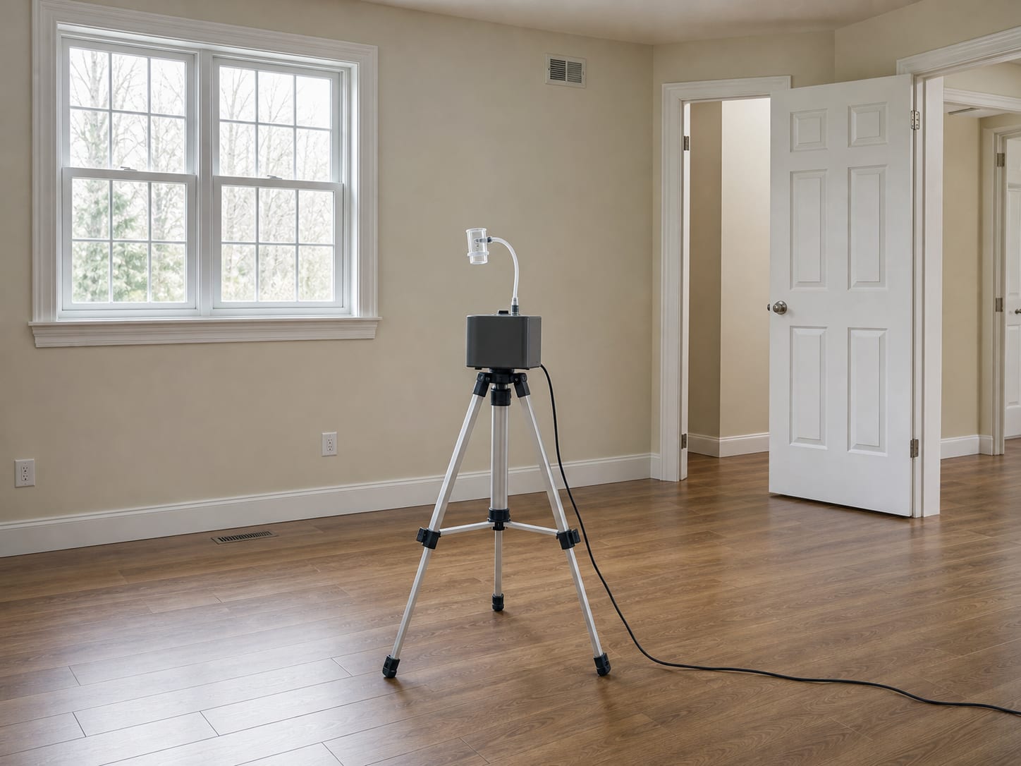 A spore trap cassette mounted on a calibrated air sampling pump on a tripod in the middle of a West Windsor, New Jersey living room