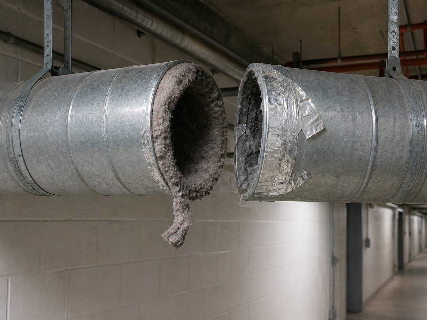 A rigid metal dryer exhaust duct opened at a joint in a New Jersey building service corridor, showing a thick lining of packed lint inside the run