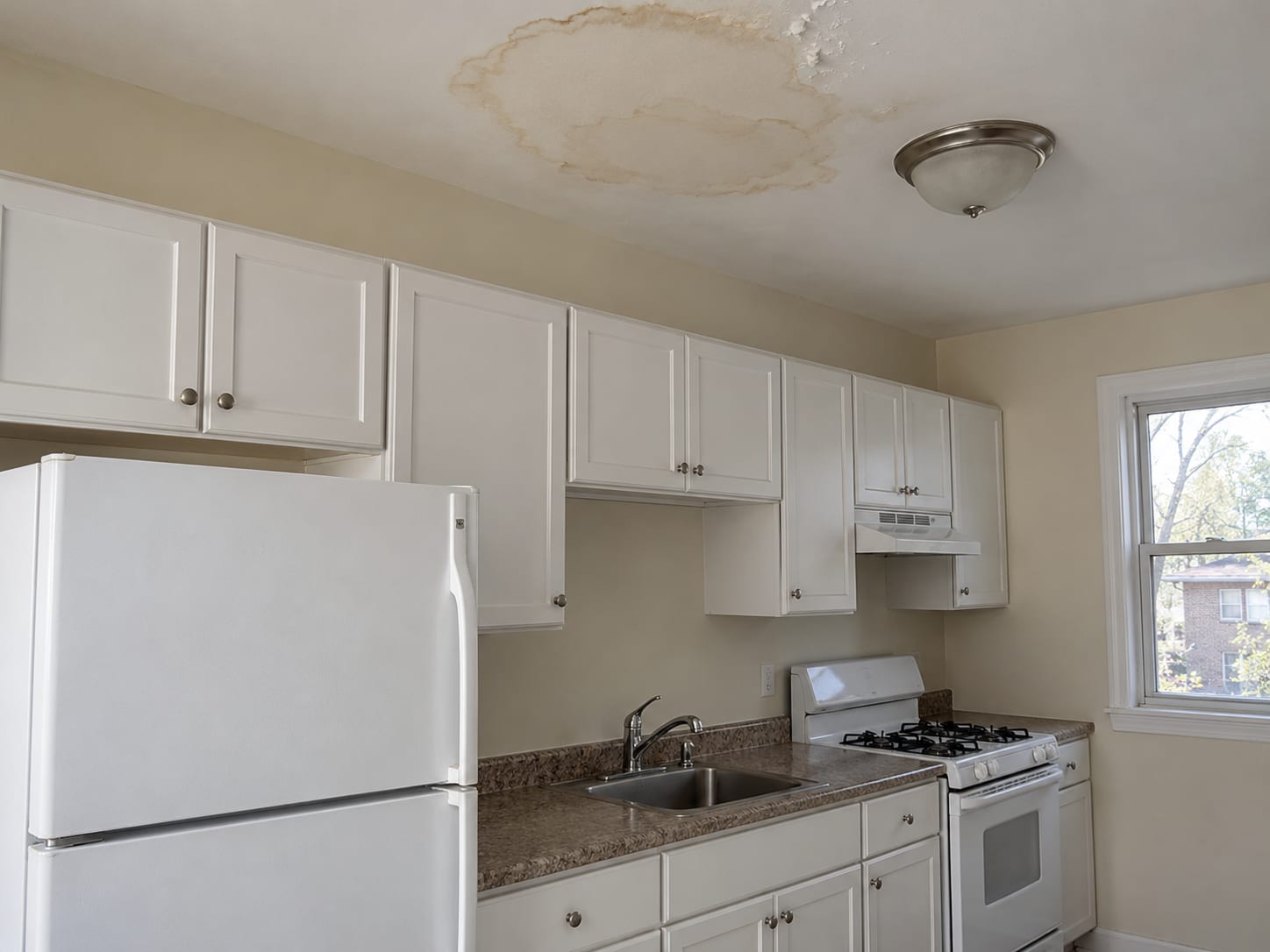 A brown water stain with a soft edge on the white ceiling of a New Jersey apartment kitchen beside a ceiling light fixture