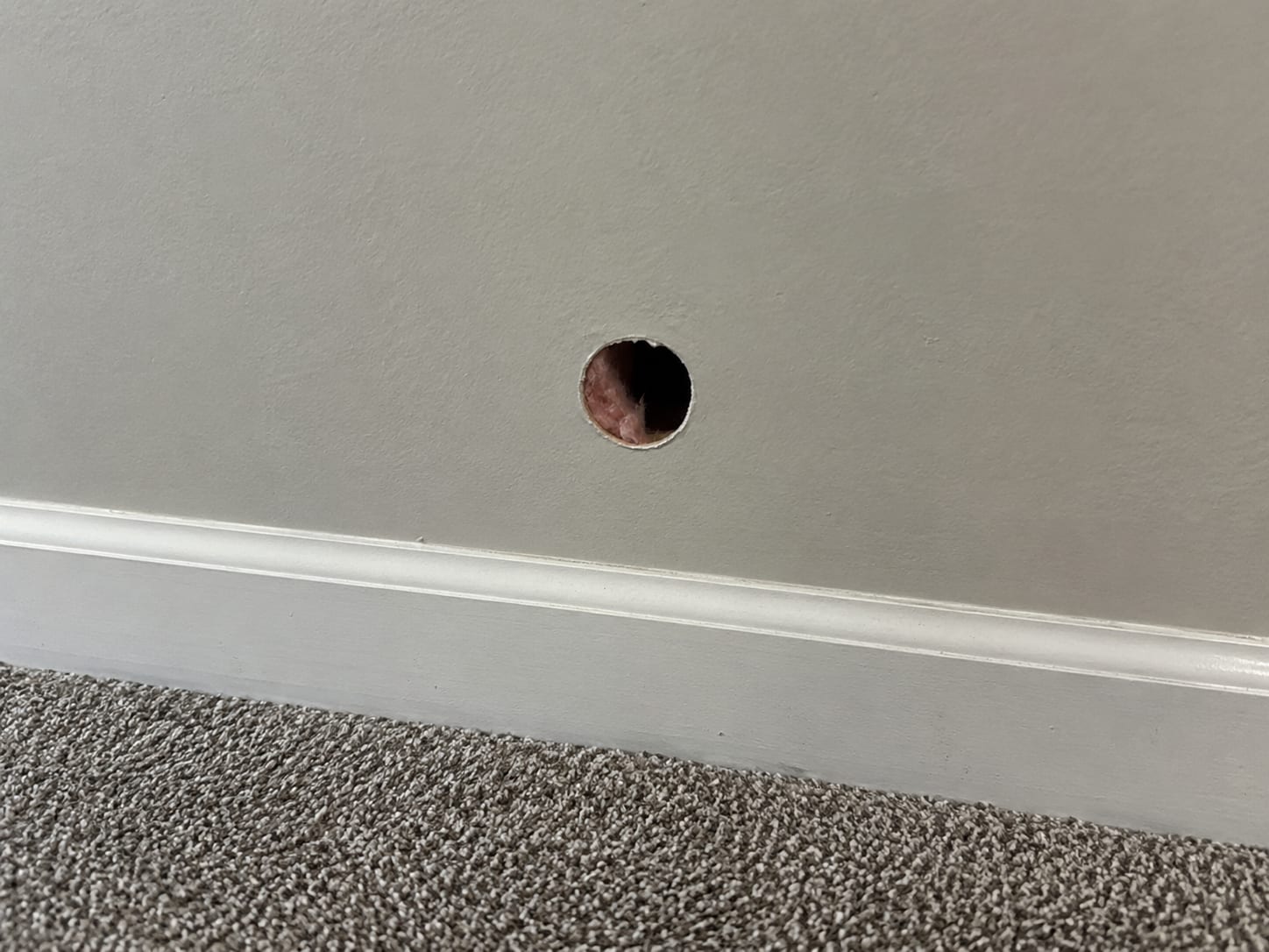 A small neat round opening cut in the lower part of a painted drywall wall in a New Jersey hallway, showing the dark cavity and an edge of insulation inside