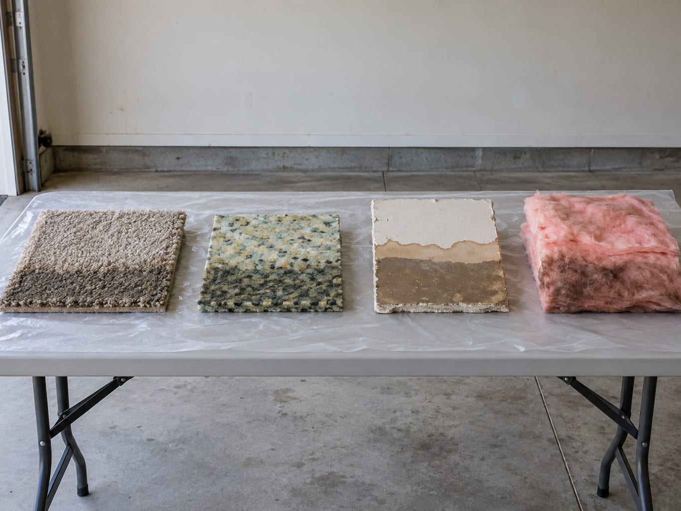 Small cut samples of wet carpet, carpet pad, drywall and insulation laid out on plastic sheeting in a New Jersey garage, kept aside for an insurance adjuster