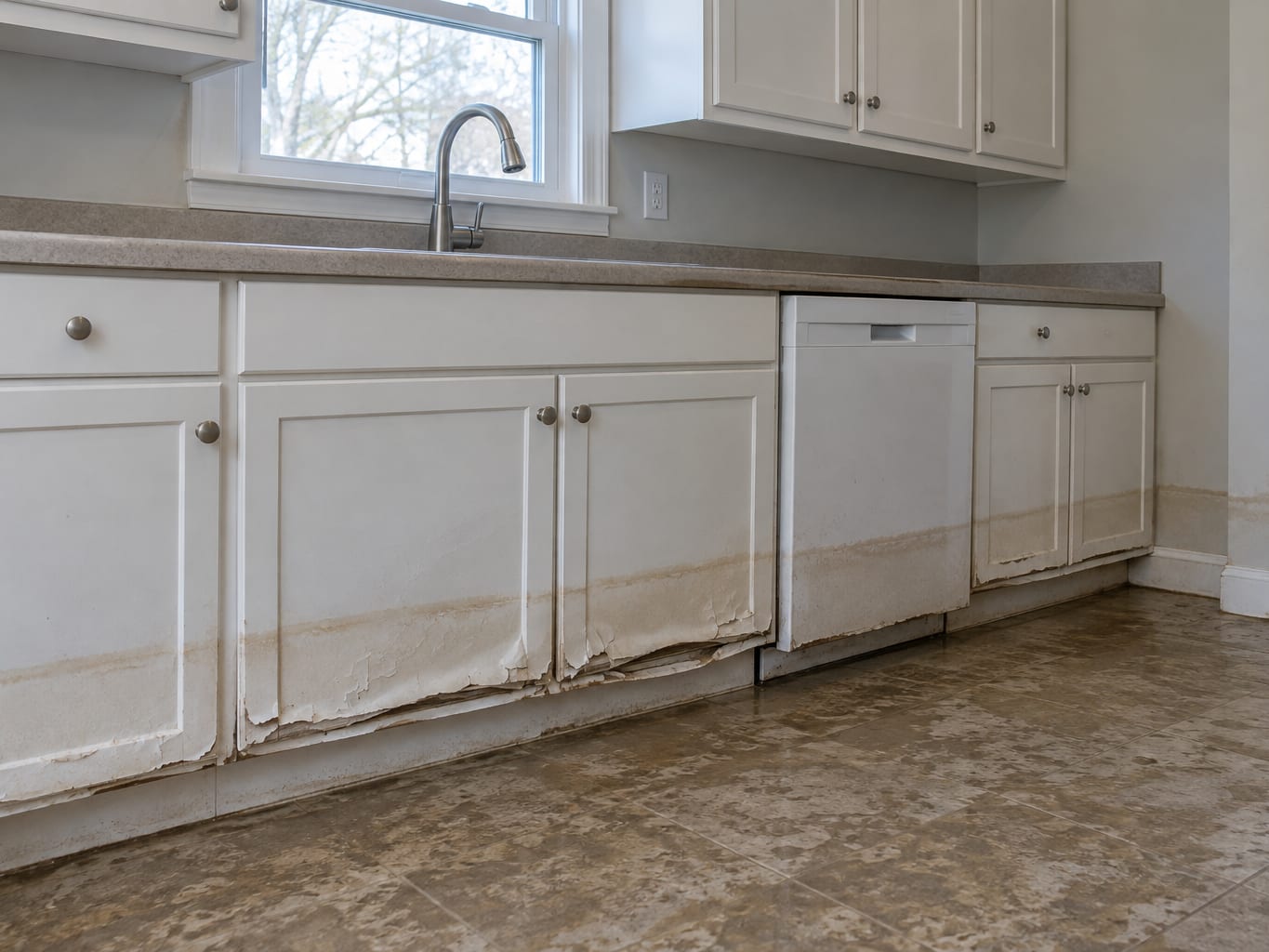Swollen and delaminating lower kitchen cabinets under a faint waterline in a New Jersey home after floodwater receded