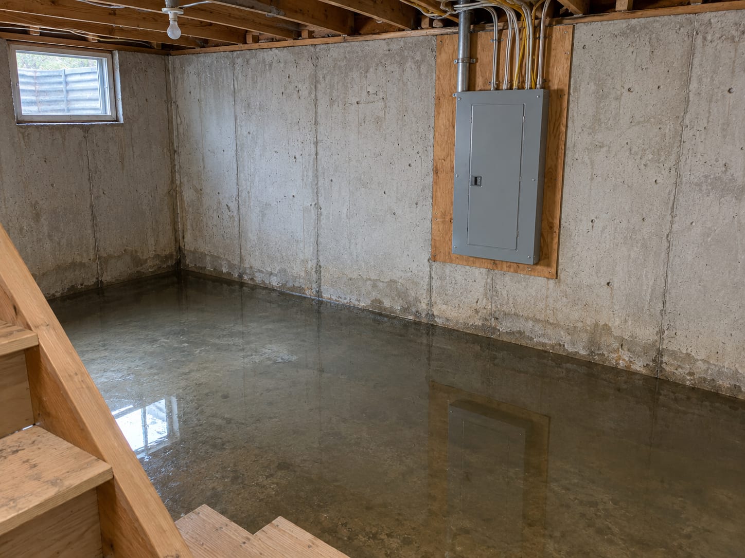 Standing water across an unfinished New Jersey basement floor a short distance below a closed grey electrical panel on the foundation wall