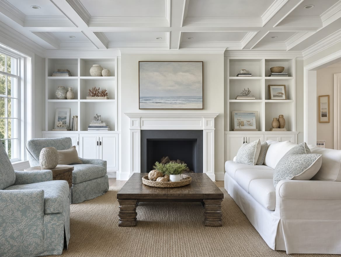 A finished, restored room in an upscale Deal home after mold rebuild, matched millwork and clean finishes with no sign of the prior loss