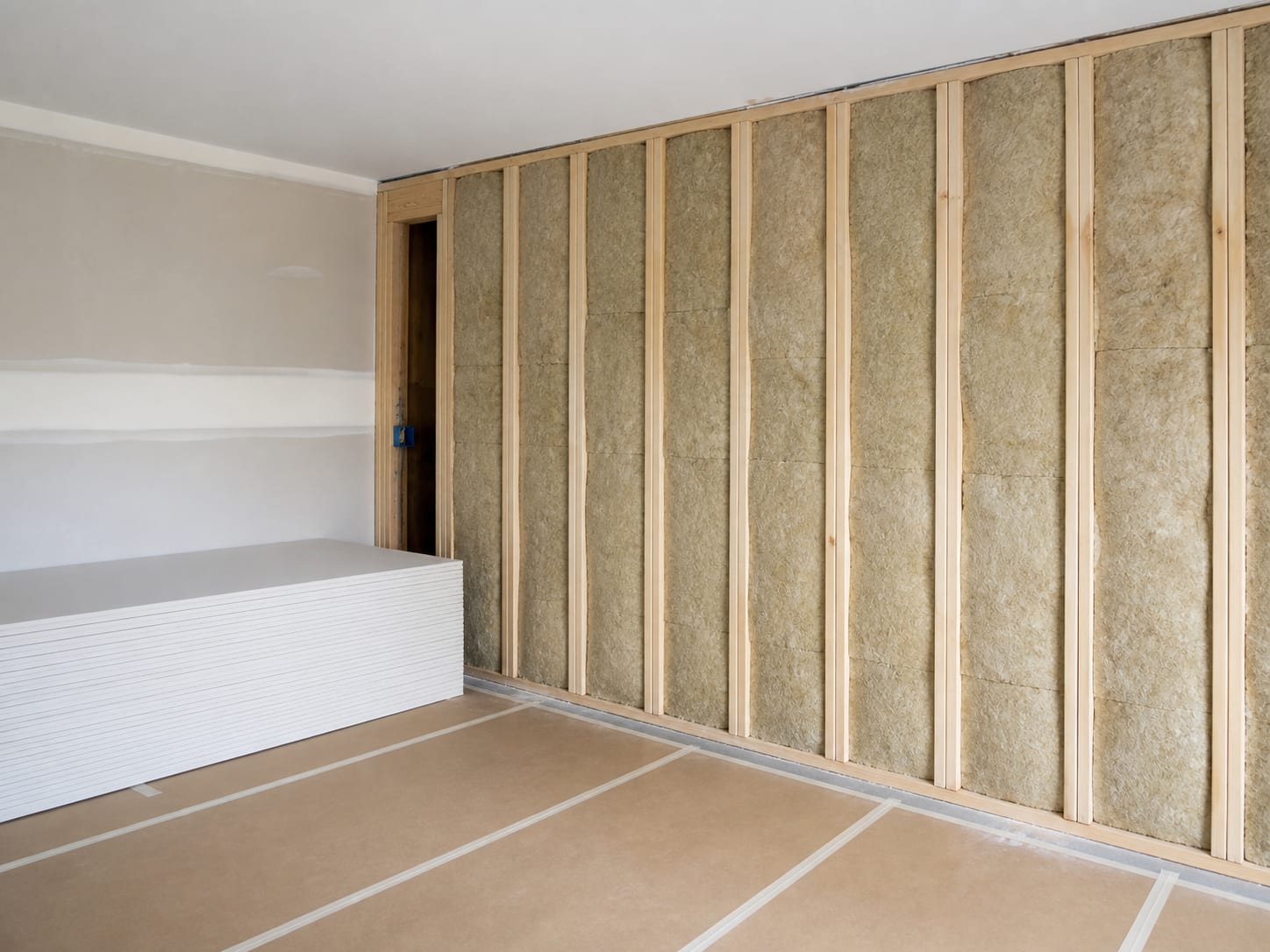 A wider view of a townhome room in East Windsor where the wall framing is still open with new insulation set into the bays, new drywall sheets stacked flat against the adjacent wall and the floor covered for protection