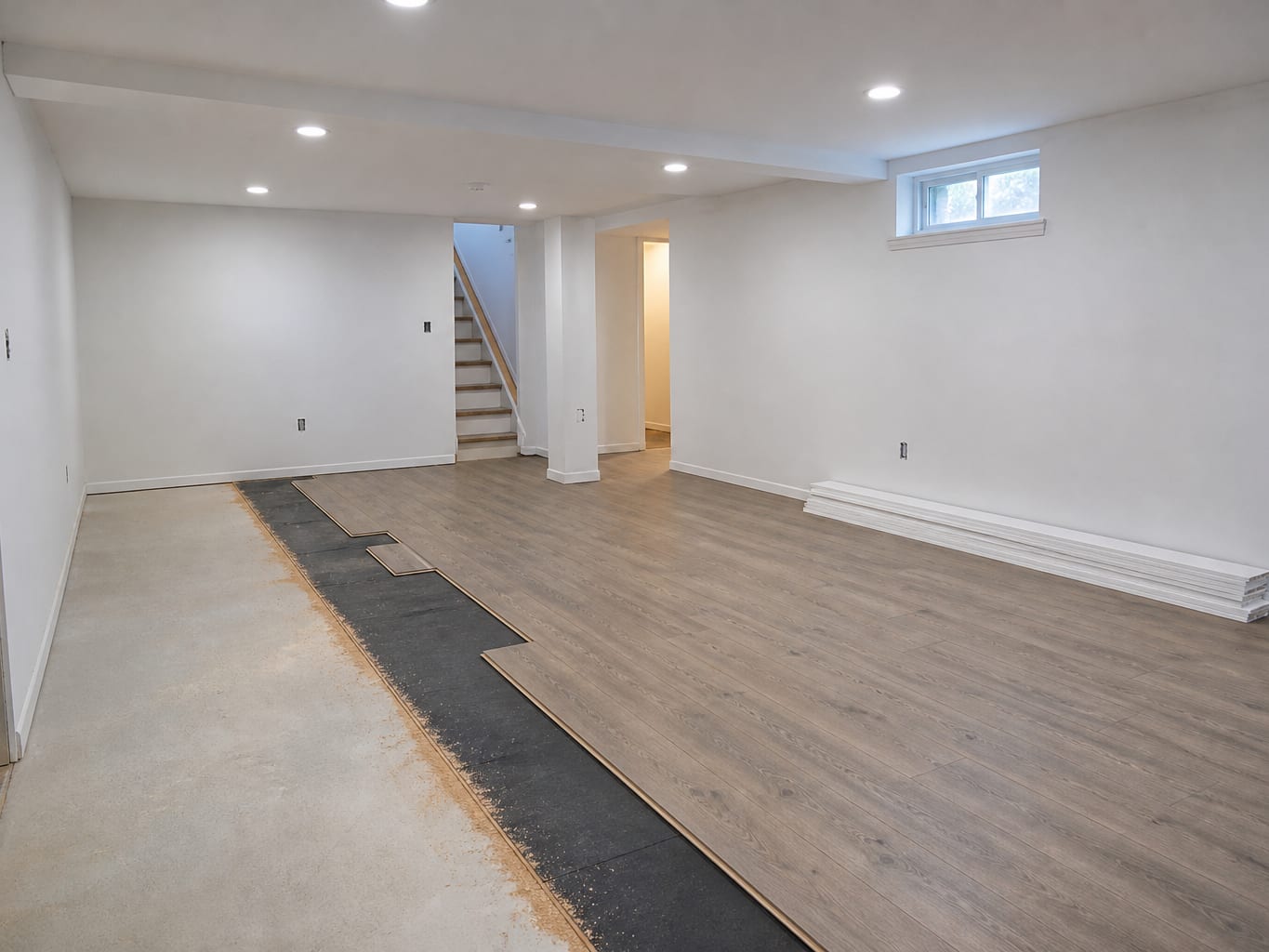 A Livingston lower level at the finishing stage of a rebuild, walls primed, new baseboard set along one wall and plank flooring partly laid over fresh underlayment