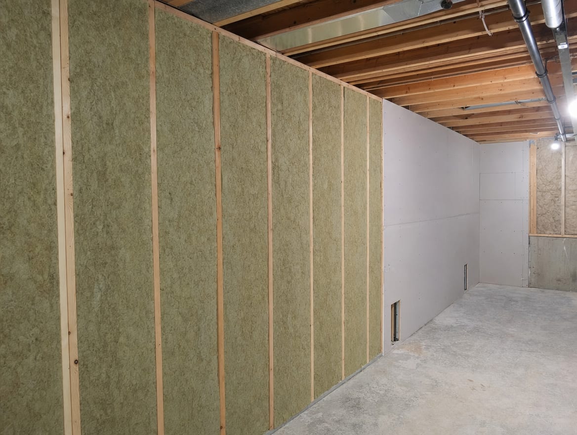 New insulation and drywall going up over verified-dry framing in a Princeton Junction basement, a moisture-safe assembly built only after the dry standard was met