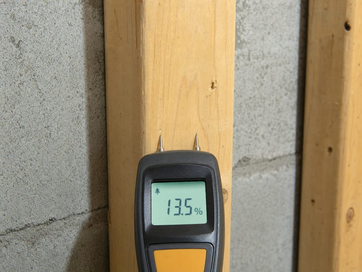 A close view of a moisture meter pressed to an exposed stud in a Princeton Junction basement, confirming the wood has reached a dry standard before enclosure