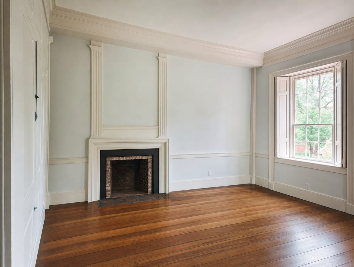 A finished older Princeton room after mold rebuild, restored plaster, trim, and period character intact with clean dry finishes