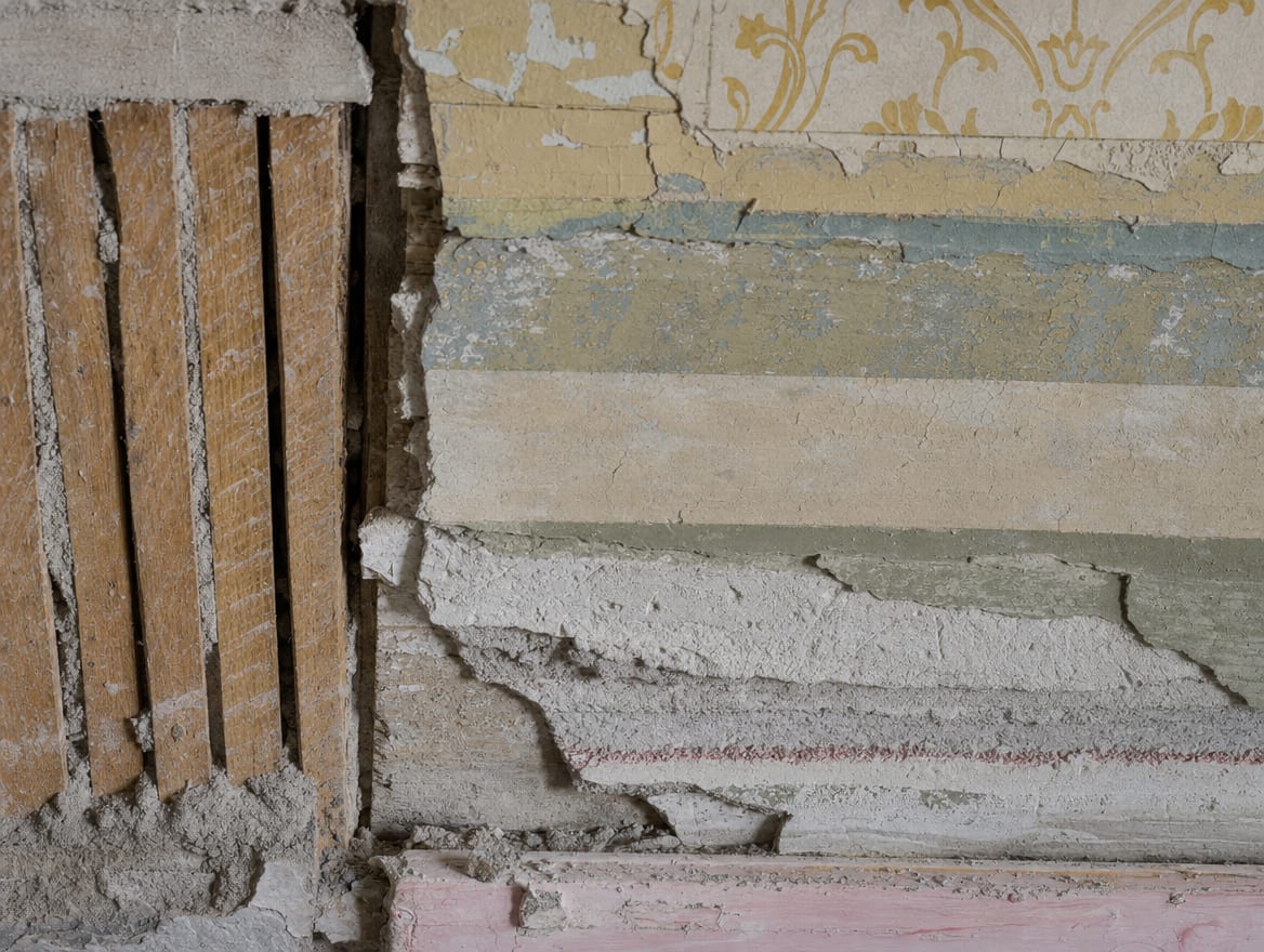 Old plaster, lath, and painted surfaces in a Princeton home being assessed for regulated materials like lead or asbestos before any rebuild demolition