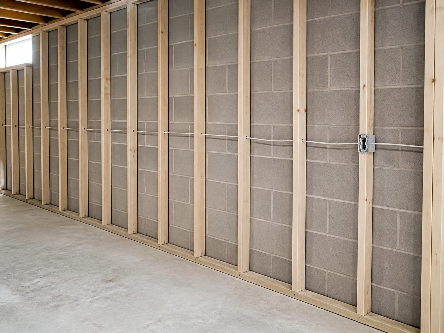 Bare cleaned studs, bottom plate and parged block standing dry and open before any board is hung, in a Warren, New Jersey lower level