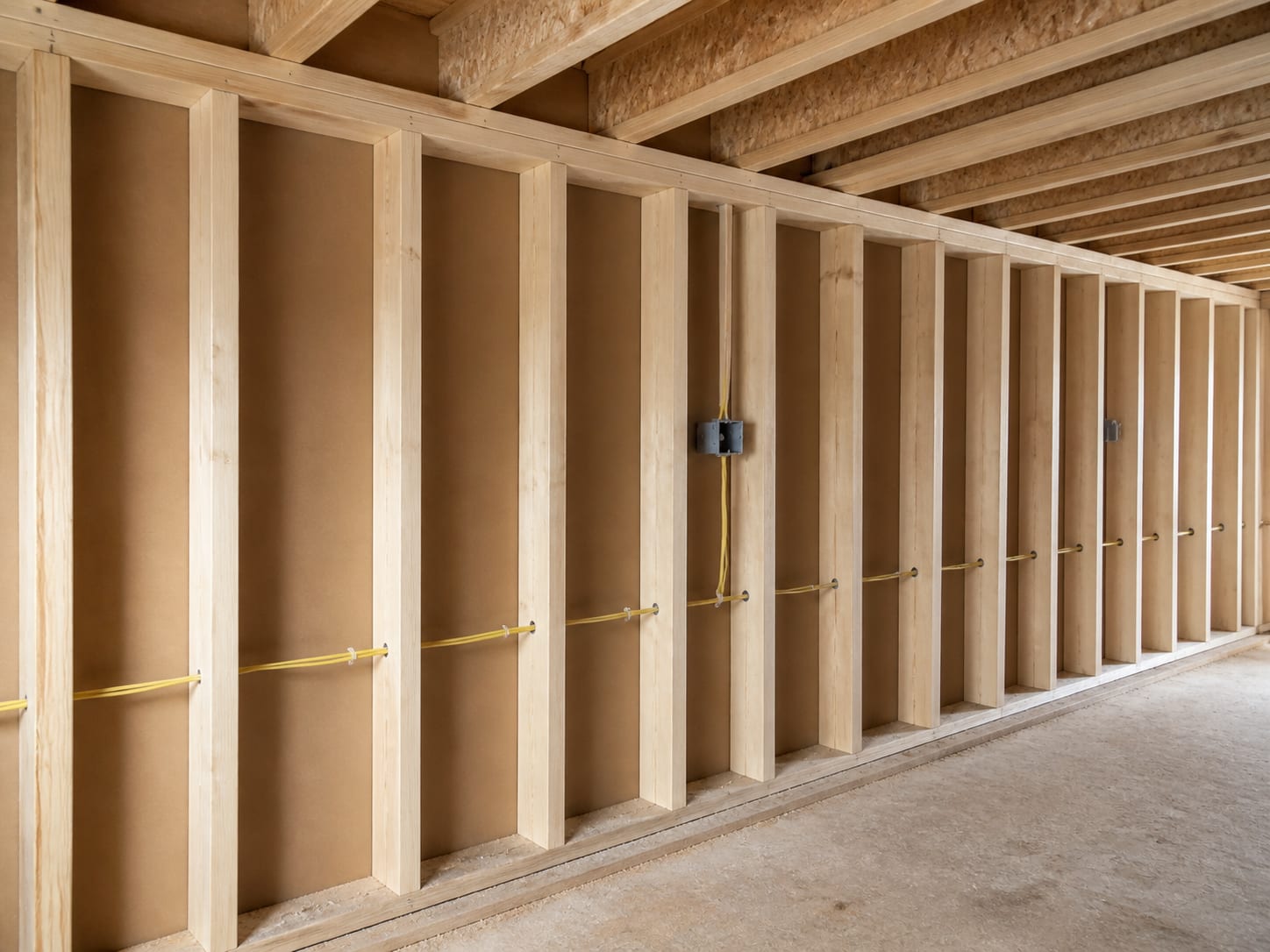 Exposed studs and engineered I-joists in a stripped West Windsor, New Jersey room with the subfloor swept clean and the timber uniformly pale and dry