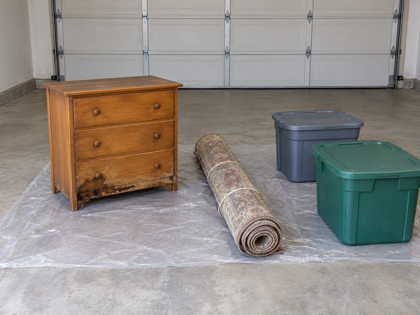 A water-stained wooden dresser, a rolled rug and two lidded plastic bins set apart on a tarp on the concrete floor of a New Jersey garage