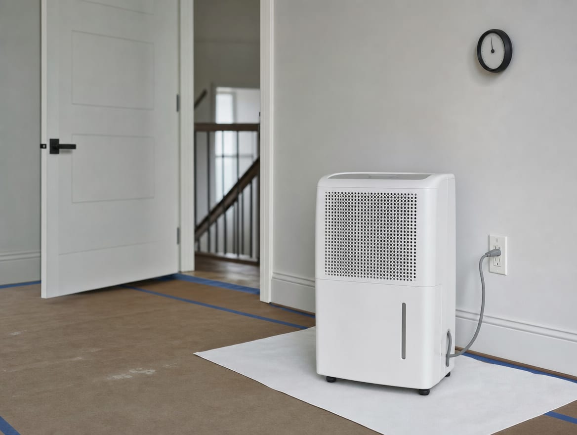 A dehumidifier running beside a wall humidity gauge in a closed Deal home, holding the indoor humidity down between caretaker visits