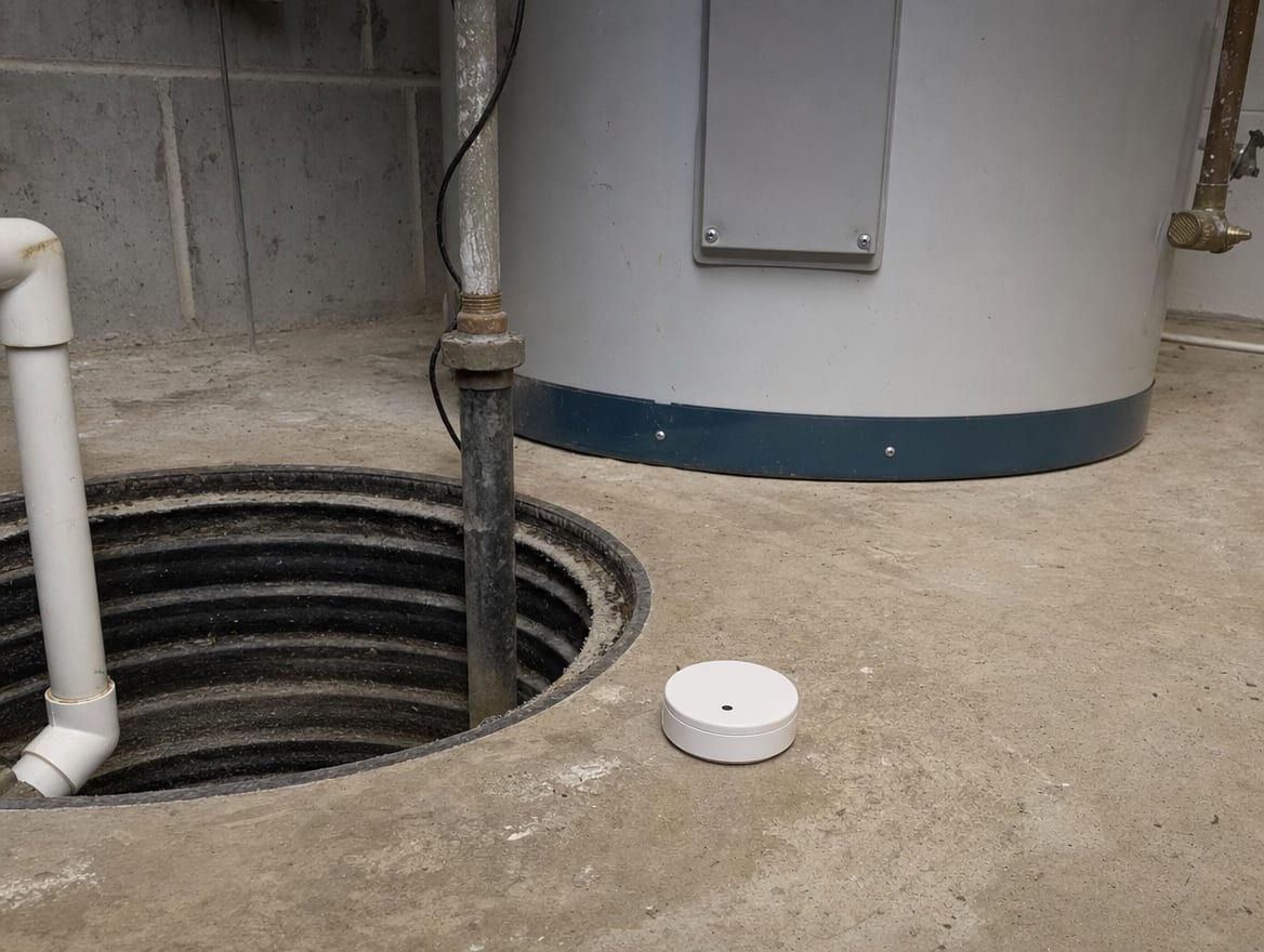 A small round leak-detector sensor on the floor beside a water heater and sump in a closed Deal home, watching for the first sign of water