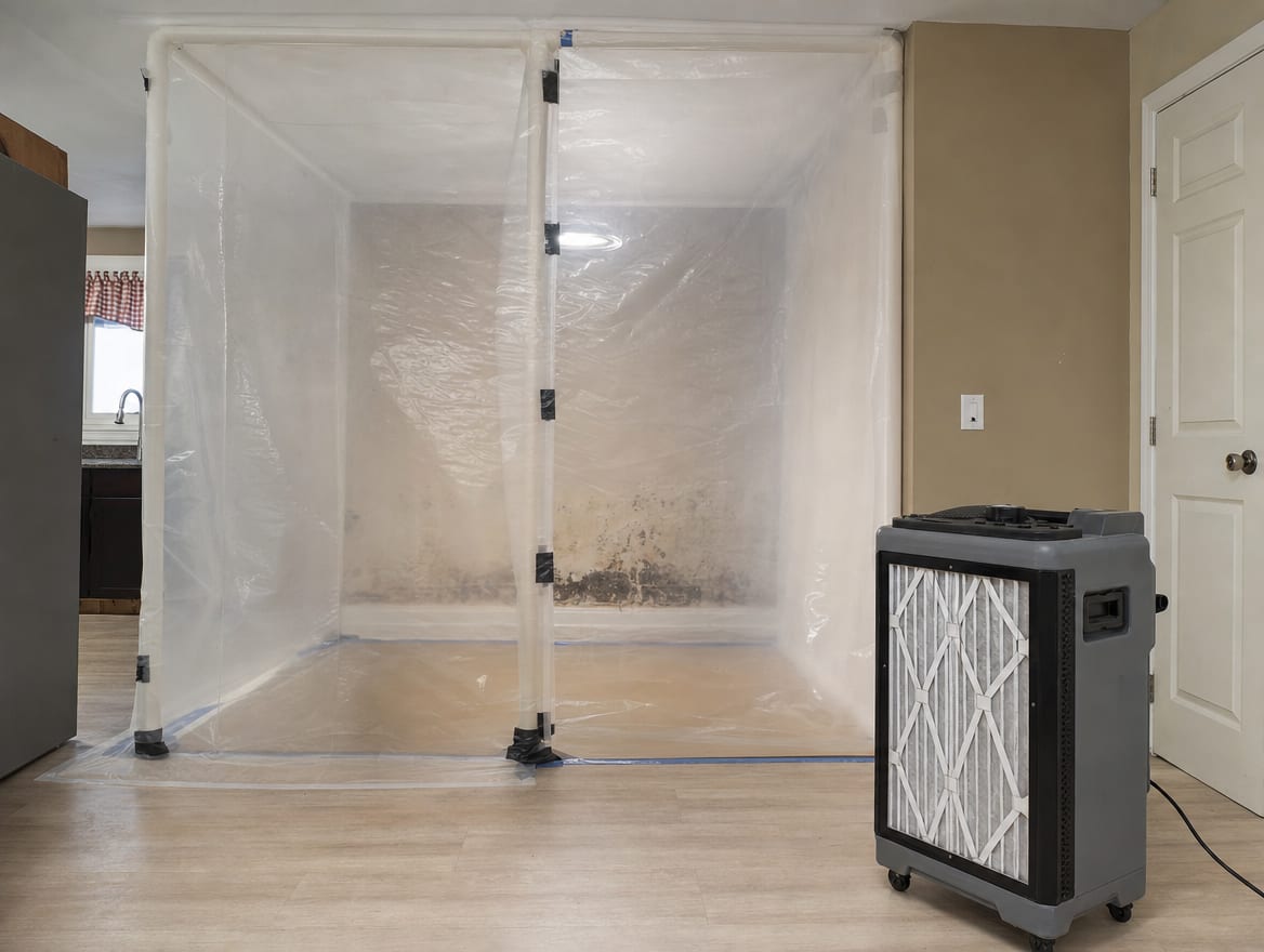 A poly containment zone and HEPA scrubber set up quickly around a damp wall in a managed Princeton Junction unit after a tenant report