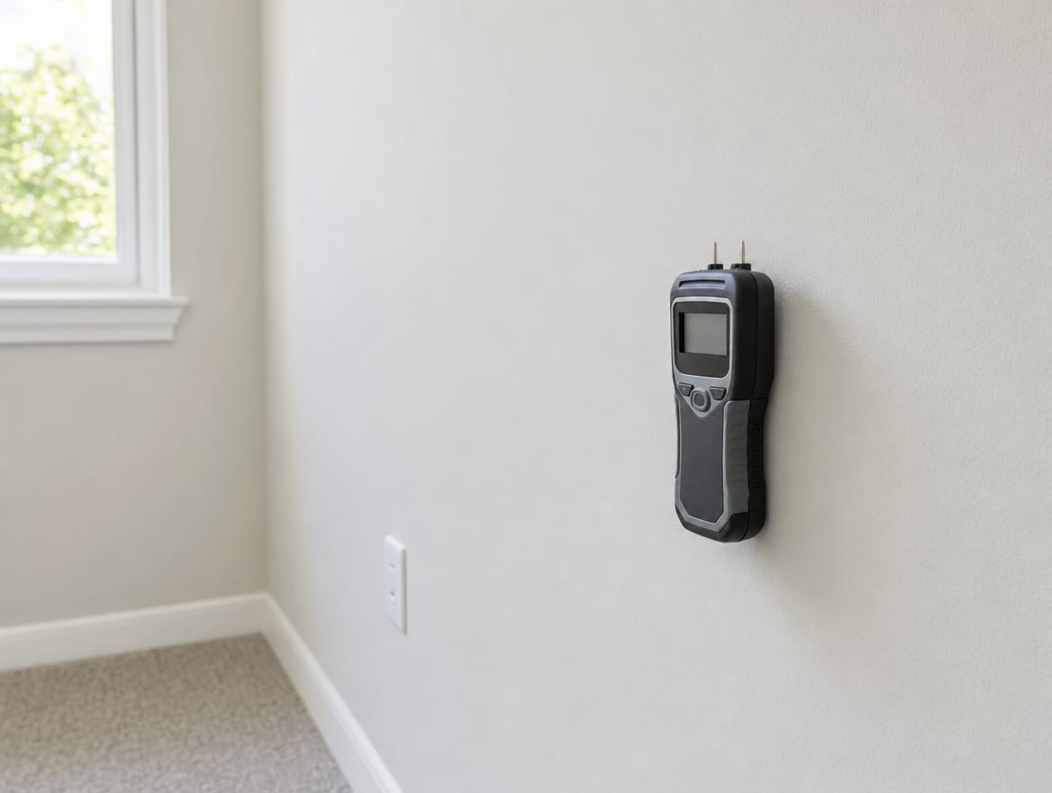 A moisture meter confirming a dry wall in a cleaned, restored managed Princeton Junction unit at closeout, the final check for the unit file