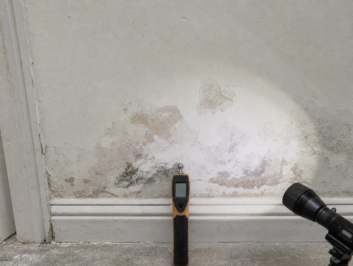 A moisture meter and inspection light at a recurring damp stain on an older Princeton wall, the recheck that feeds portfolio recurrence tracking