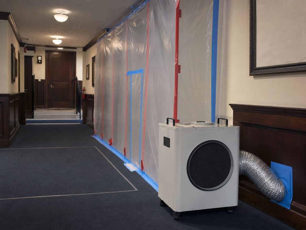 A HEPA air scrubber and sealed poly barrier maintaining clean air in an occupied managed Princeton building during remediation